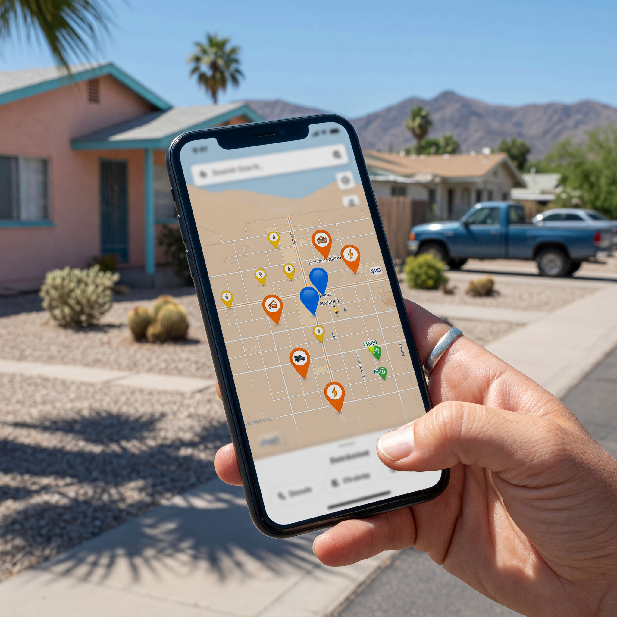 A hand holding a phone showing a local map with pins for nearby day gigs and moving jobs in a sunny Phoenix neighborhood