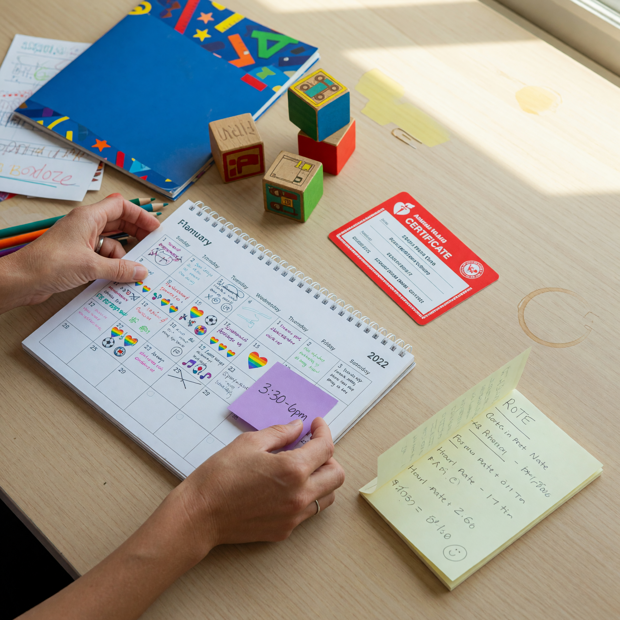 Calendar and childcare materials arranged for an after-school babysitting listing
