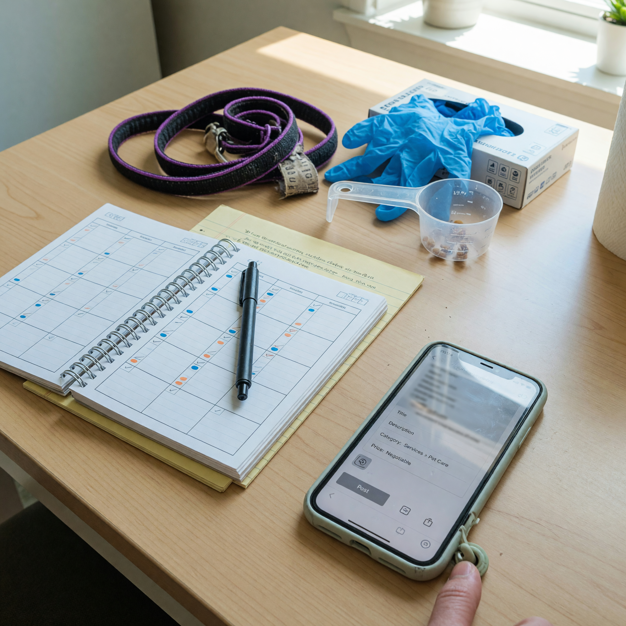 Animal care job listing preparation with leash, gloves, schedule planner, and phone