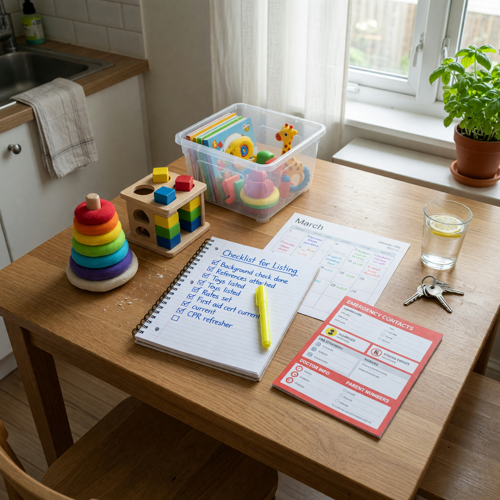Babysitting service listing checklist with toys, calendar, and safety notes