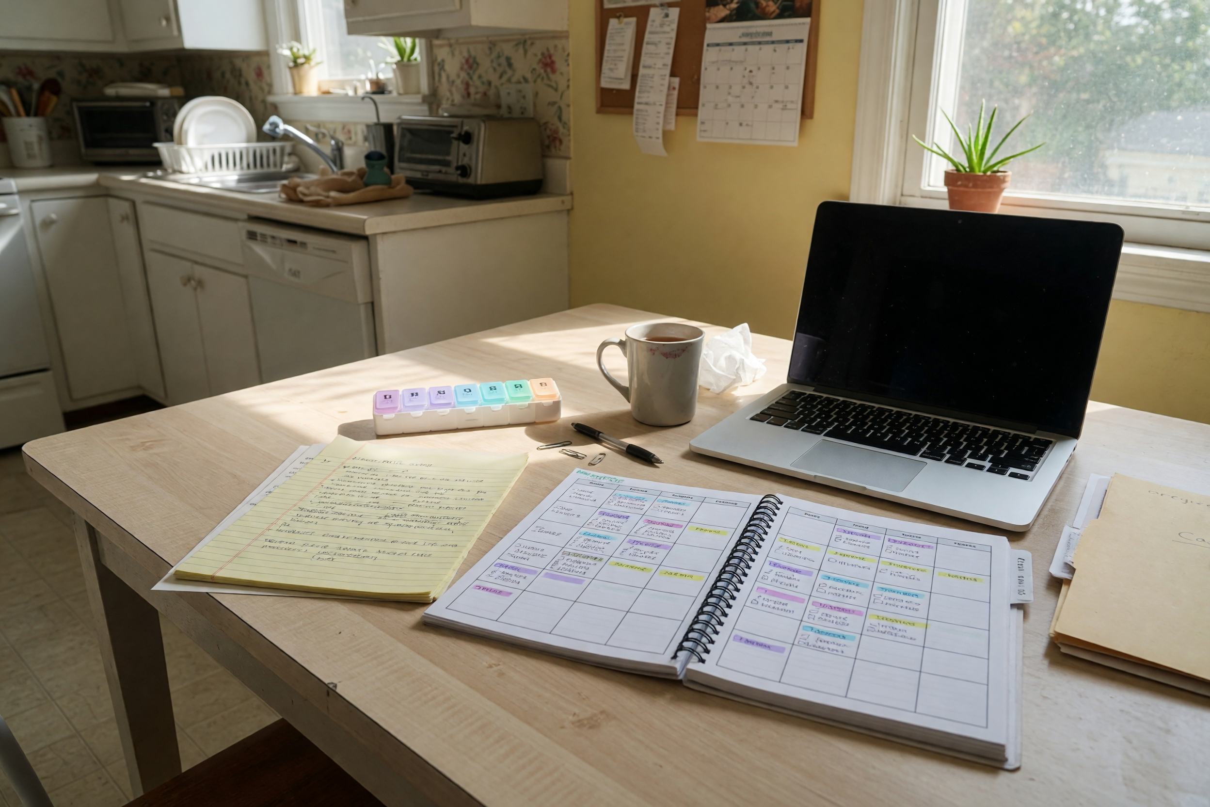 Home-care hiring workspace with caregiver job notes, schedule planner, and blank laptop screen
