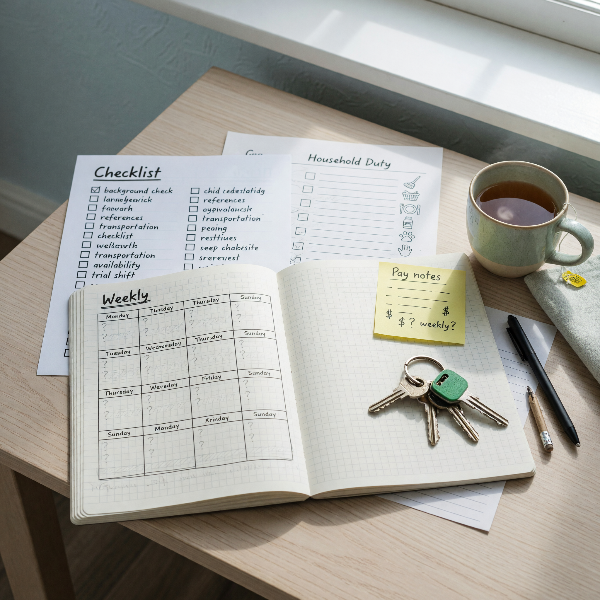Caregiver job posting checklist with schedule notes, pay details, and household duty boundaries on a kitchen table