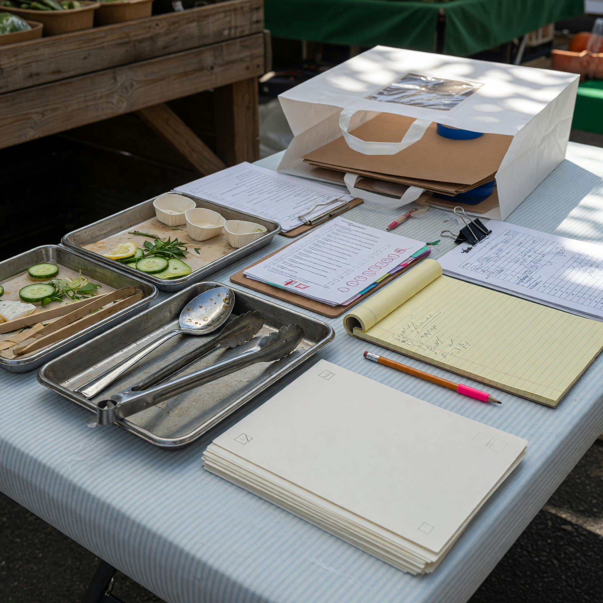 Catering quote planning with serving trays, utensils, menu notes, and delivery checklist