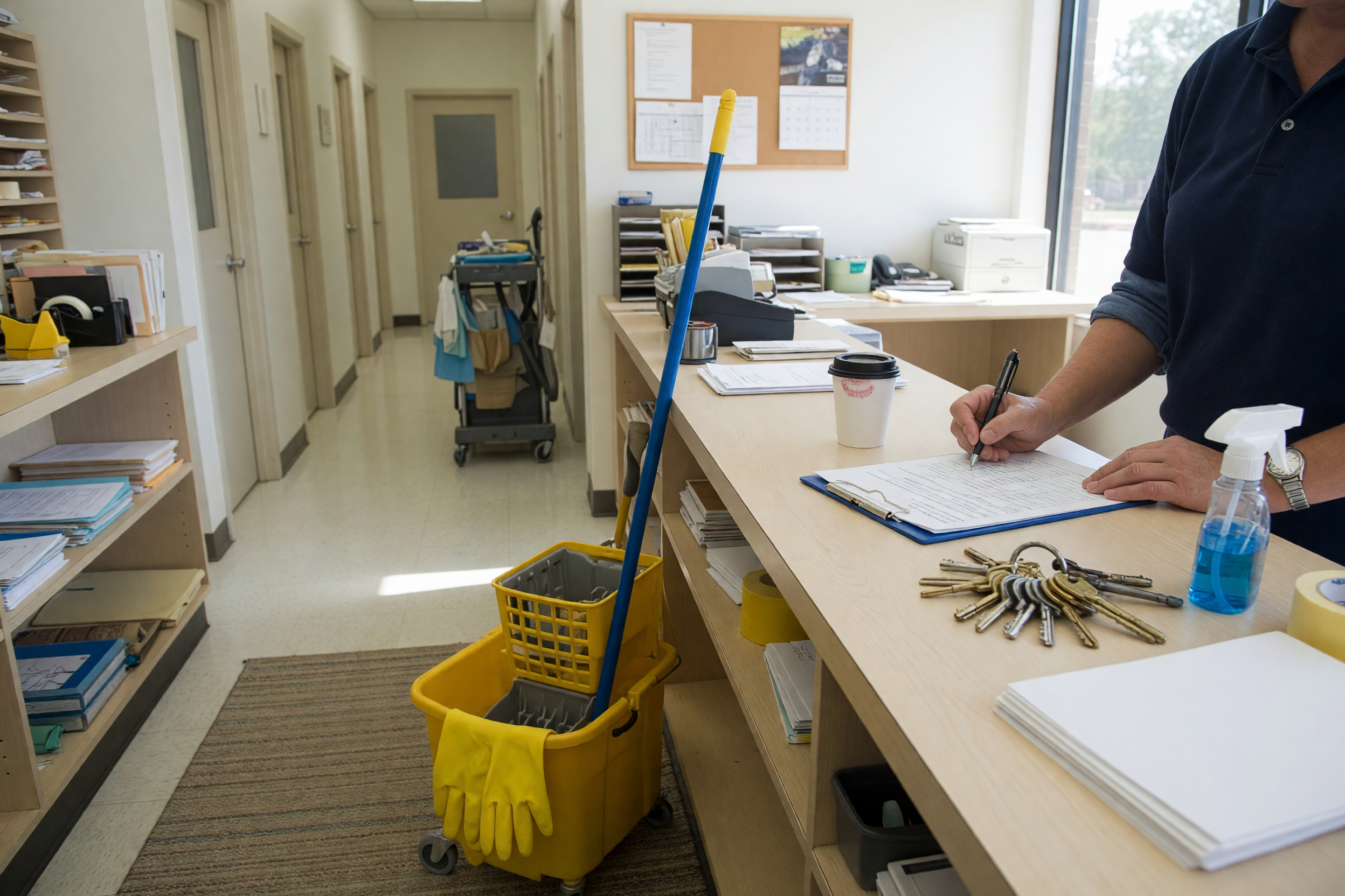 Cleaning and maintenance job posting setup with supplies and clipboard in a small business workspace