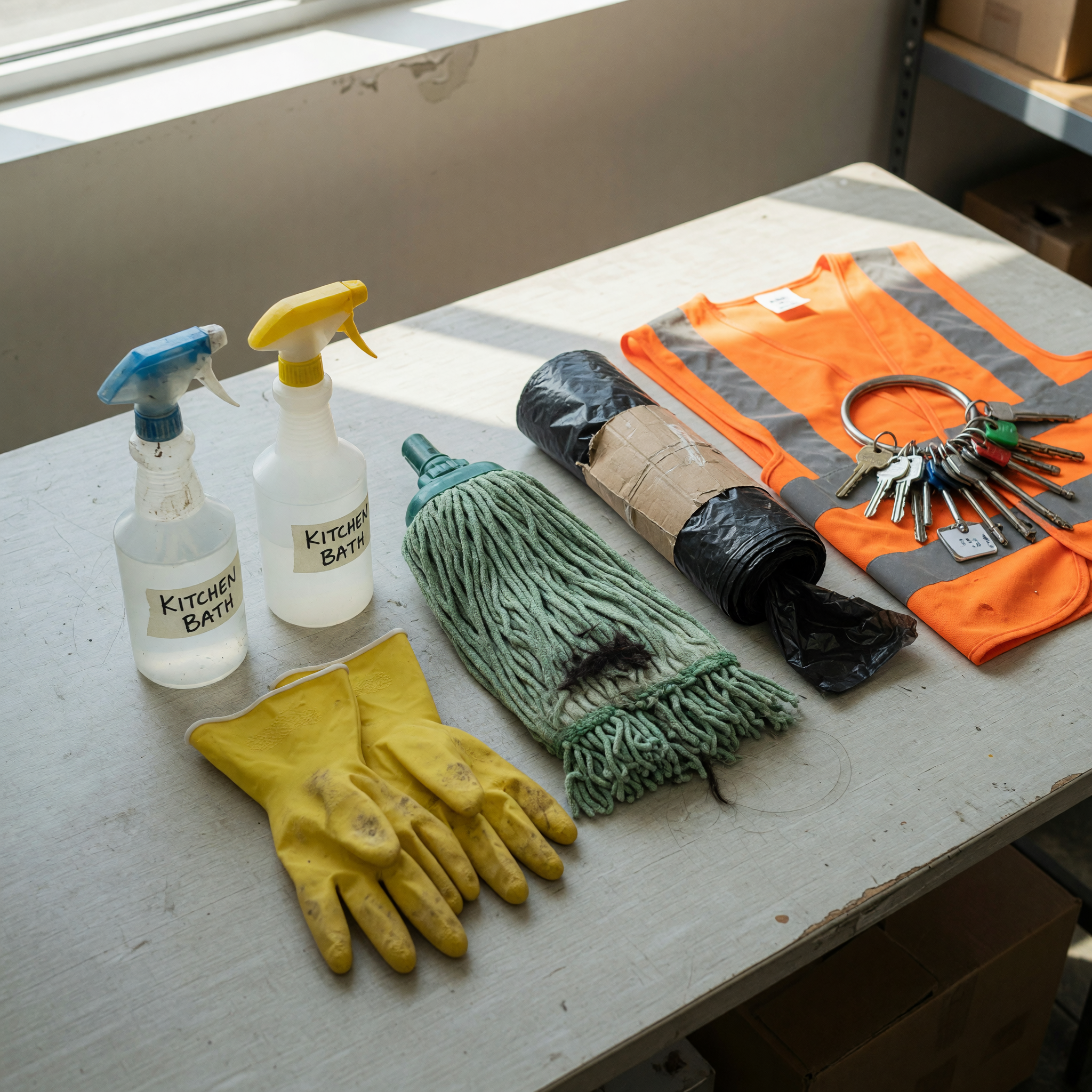 Cleaning and maintenance supplies arranged for a job listing photo