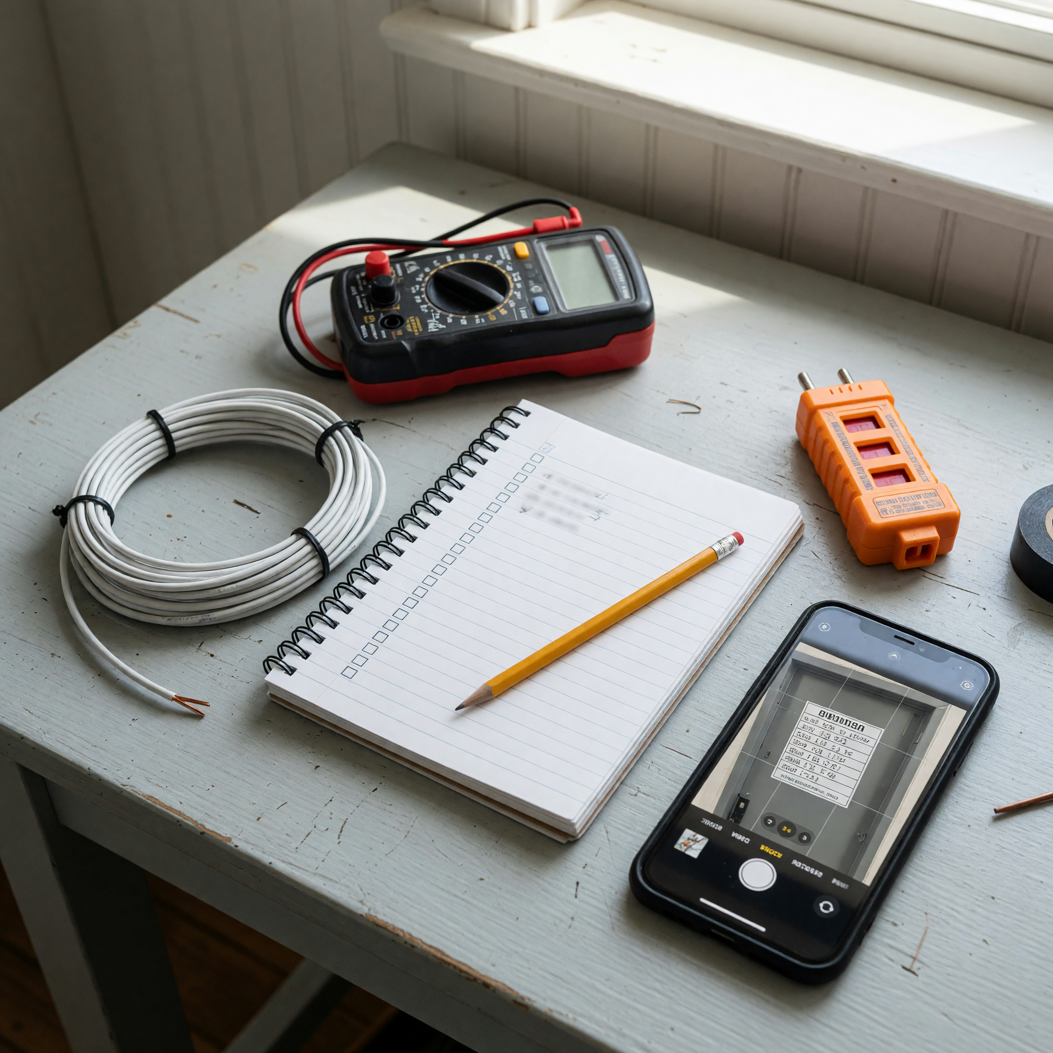 Electrical service listing workspace with multimeter, wire, outlet tester, and blank checklist