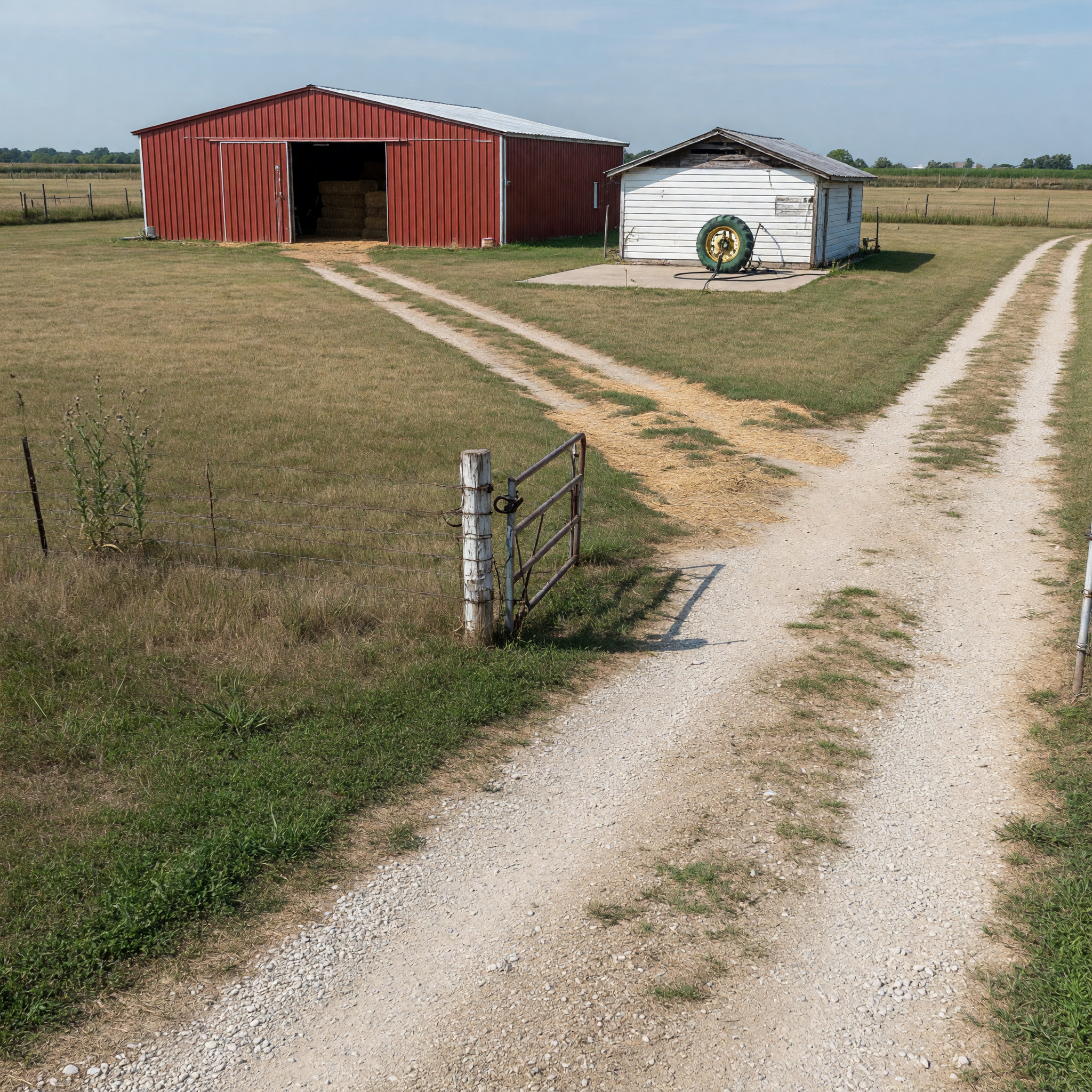 Rural property with land, structures, and an access road