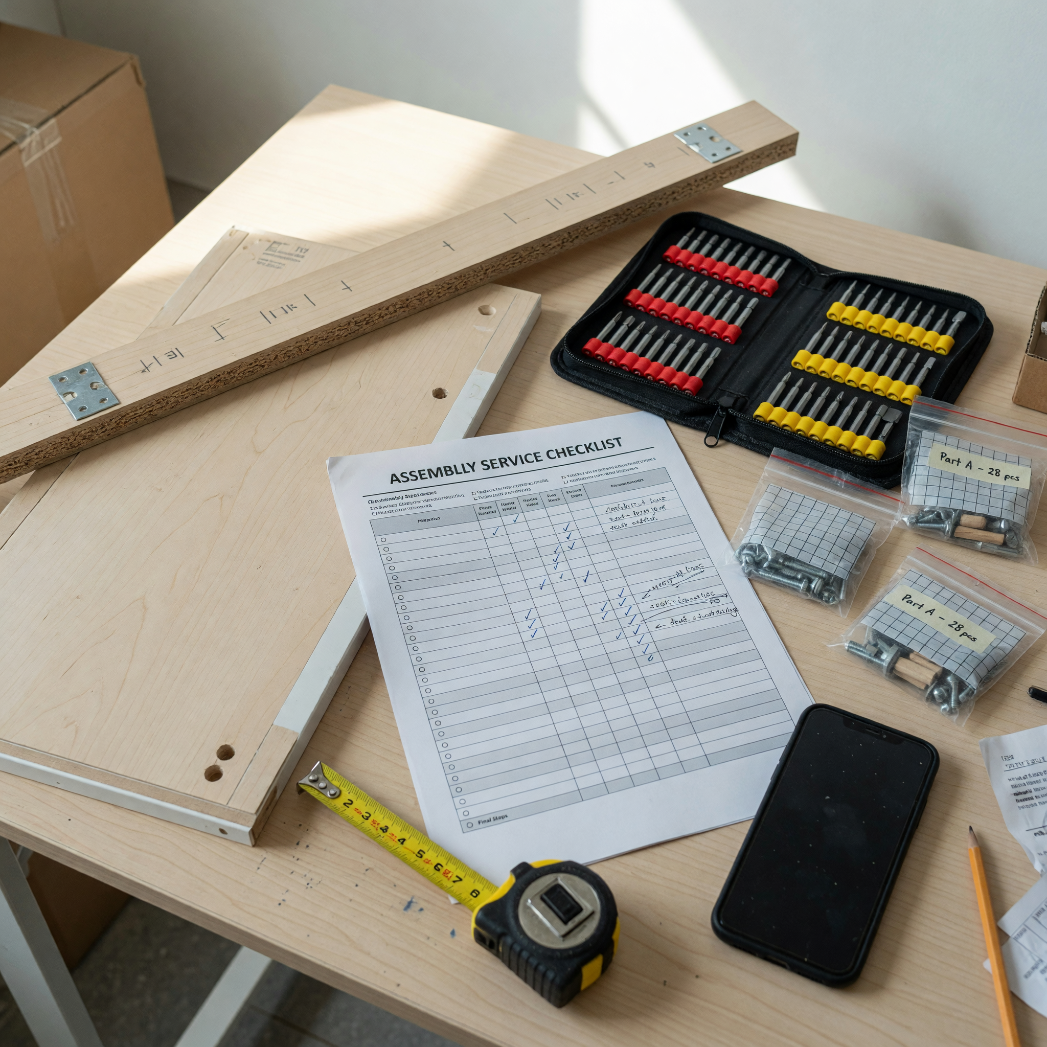 Furniture assembly tools, hardware bags, measuring tape, and service notes prepared for a local listing