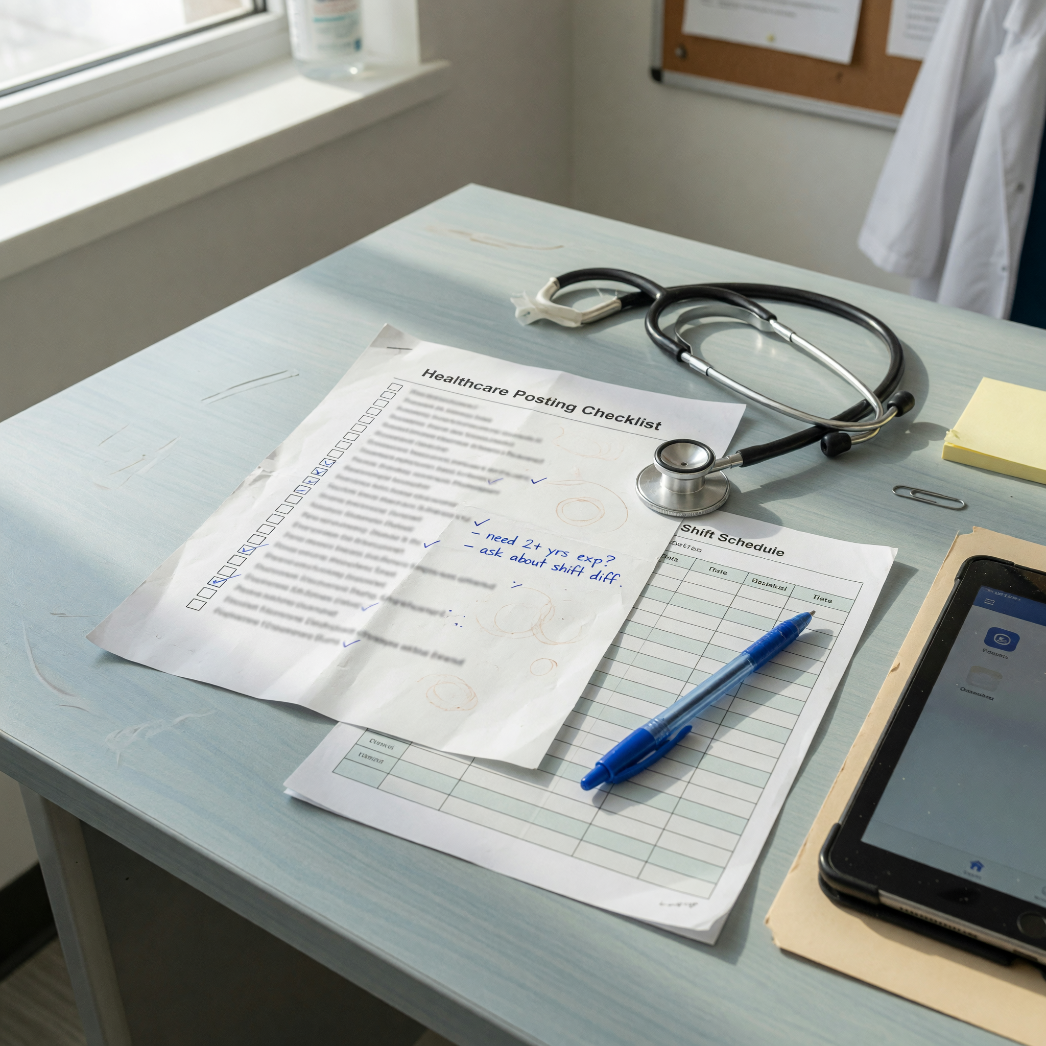 Healthcare hiring checklist with stethoscope, blank schedule sheet, and tablet on a clinic desk