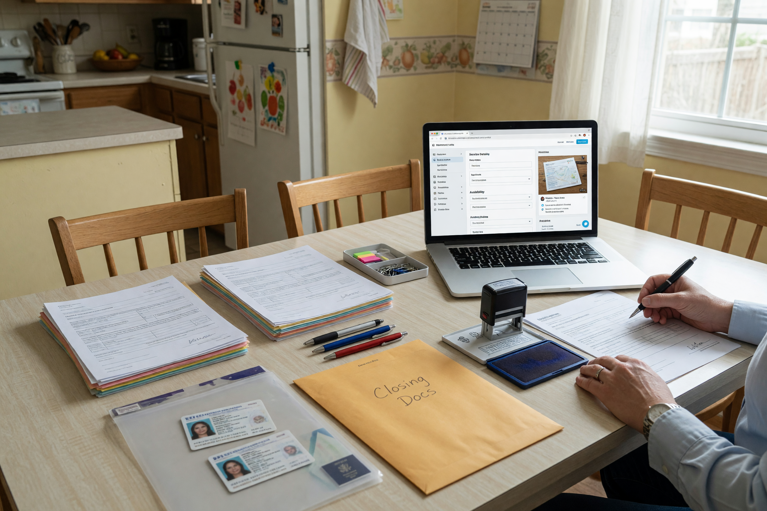 Mobile notary appointment setup with documents, pens, stamp, and laptop