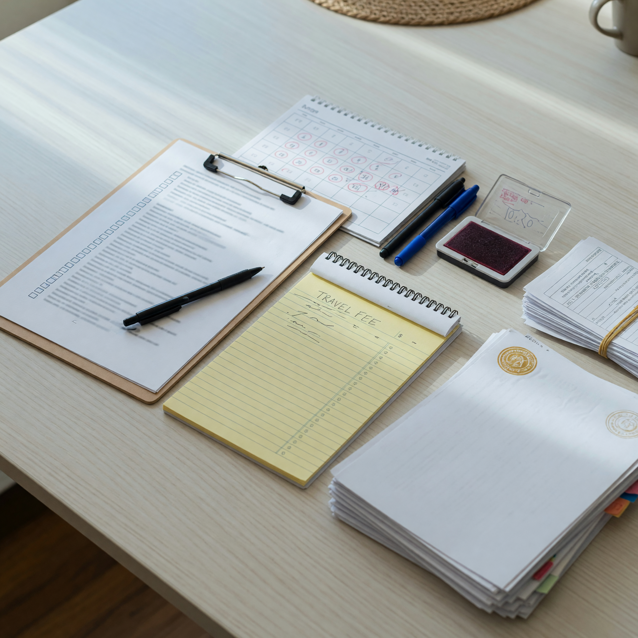 Notary appointment checklist with documents, pens, calendar, and stamp pad