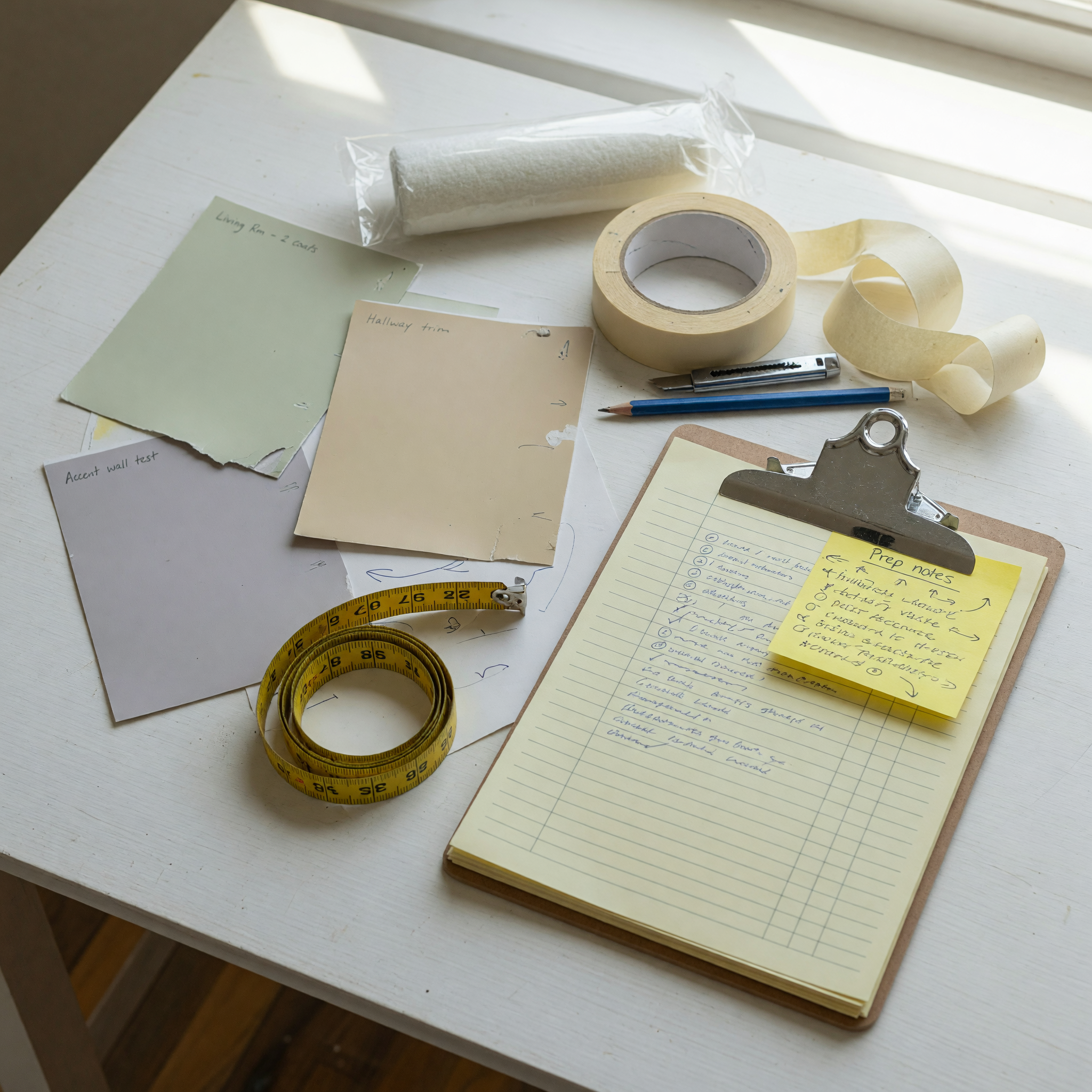 Painting estimate materials with swatches, tape, roller sleeve, measuring tape, and notes