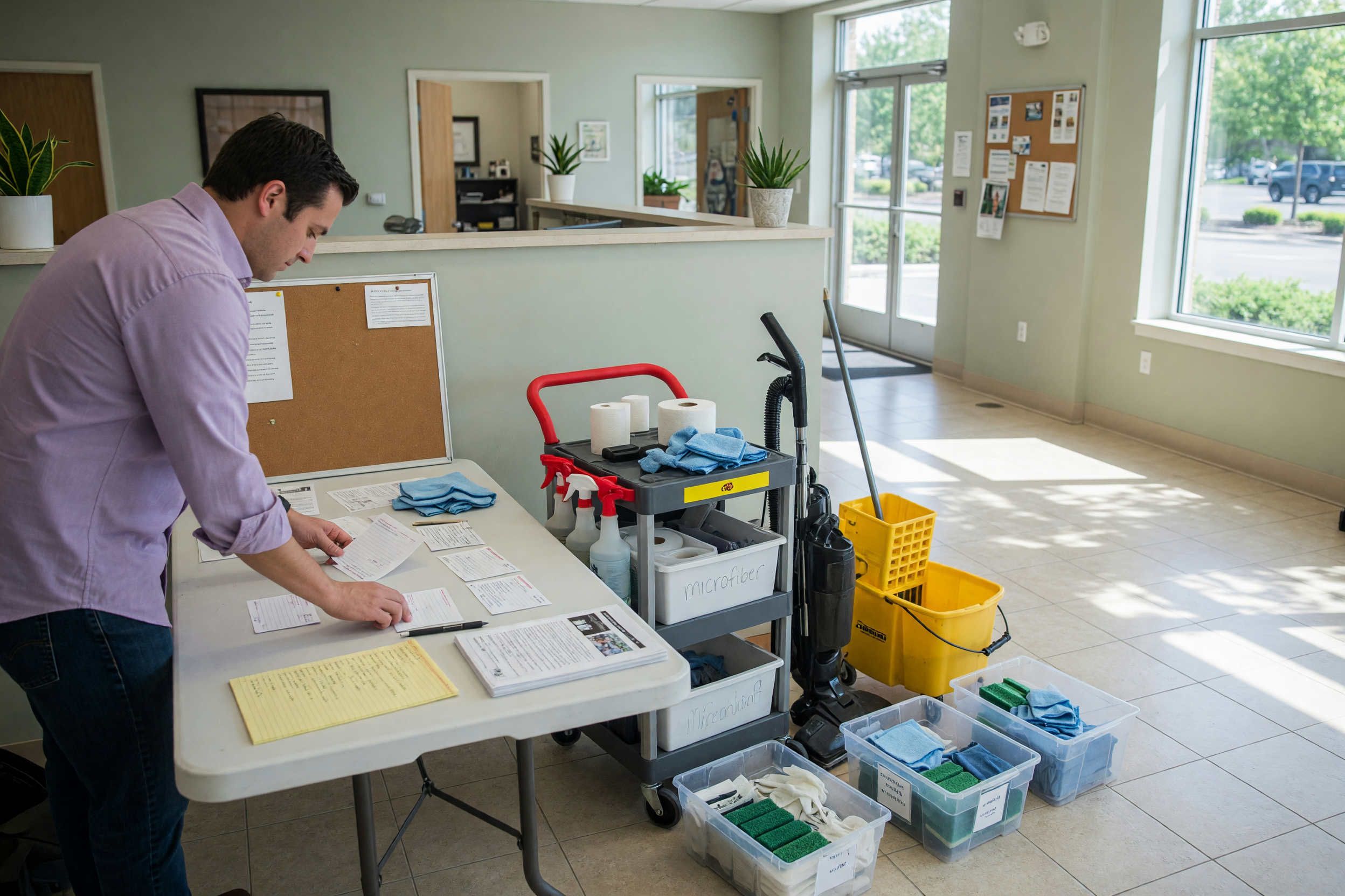 Cleaning supplies and a manager preparing a part-time janitor job post