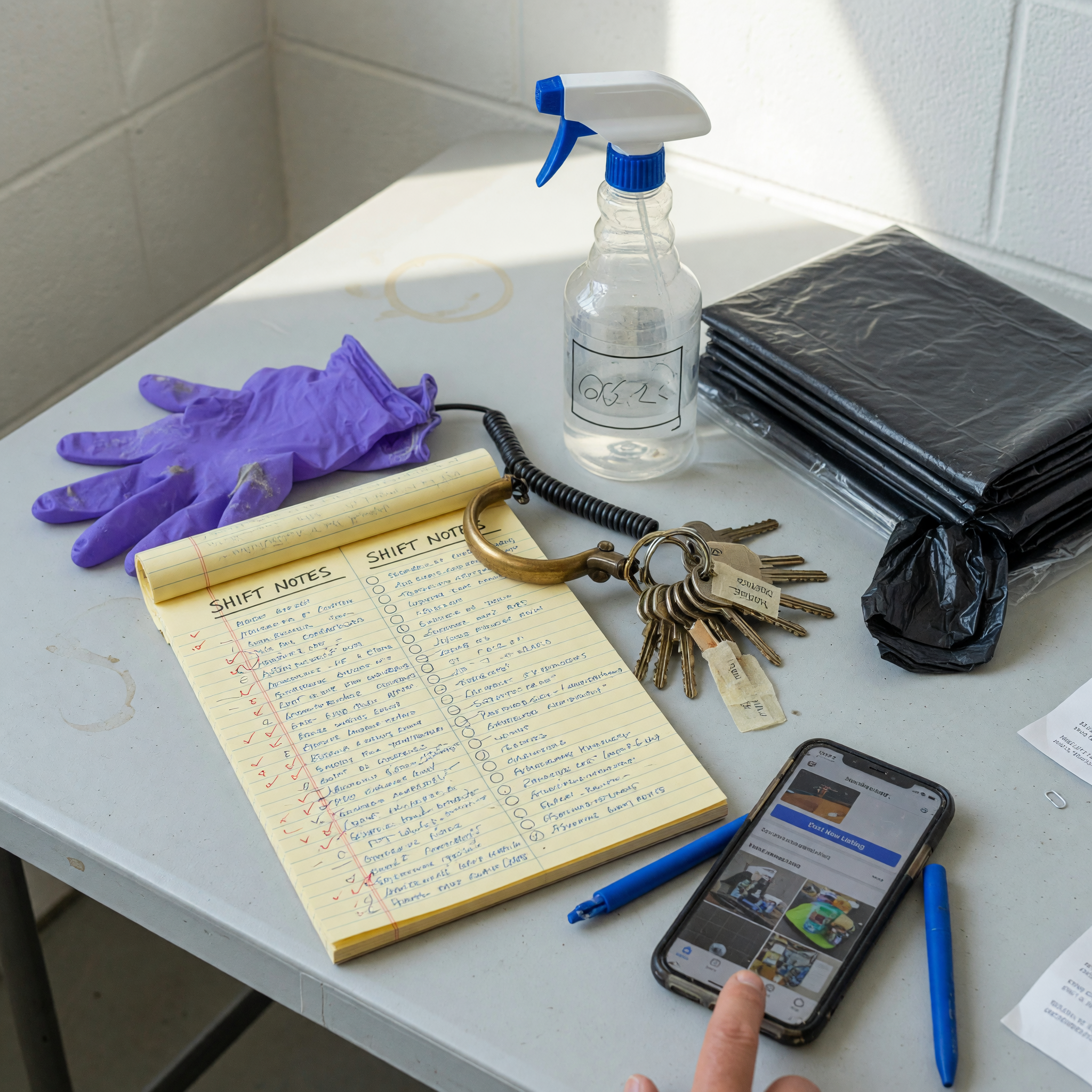 Cleaning supplies and shift notes prepared for a janitor job posting