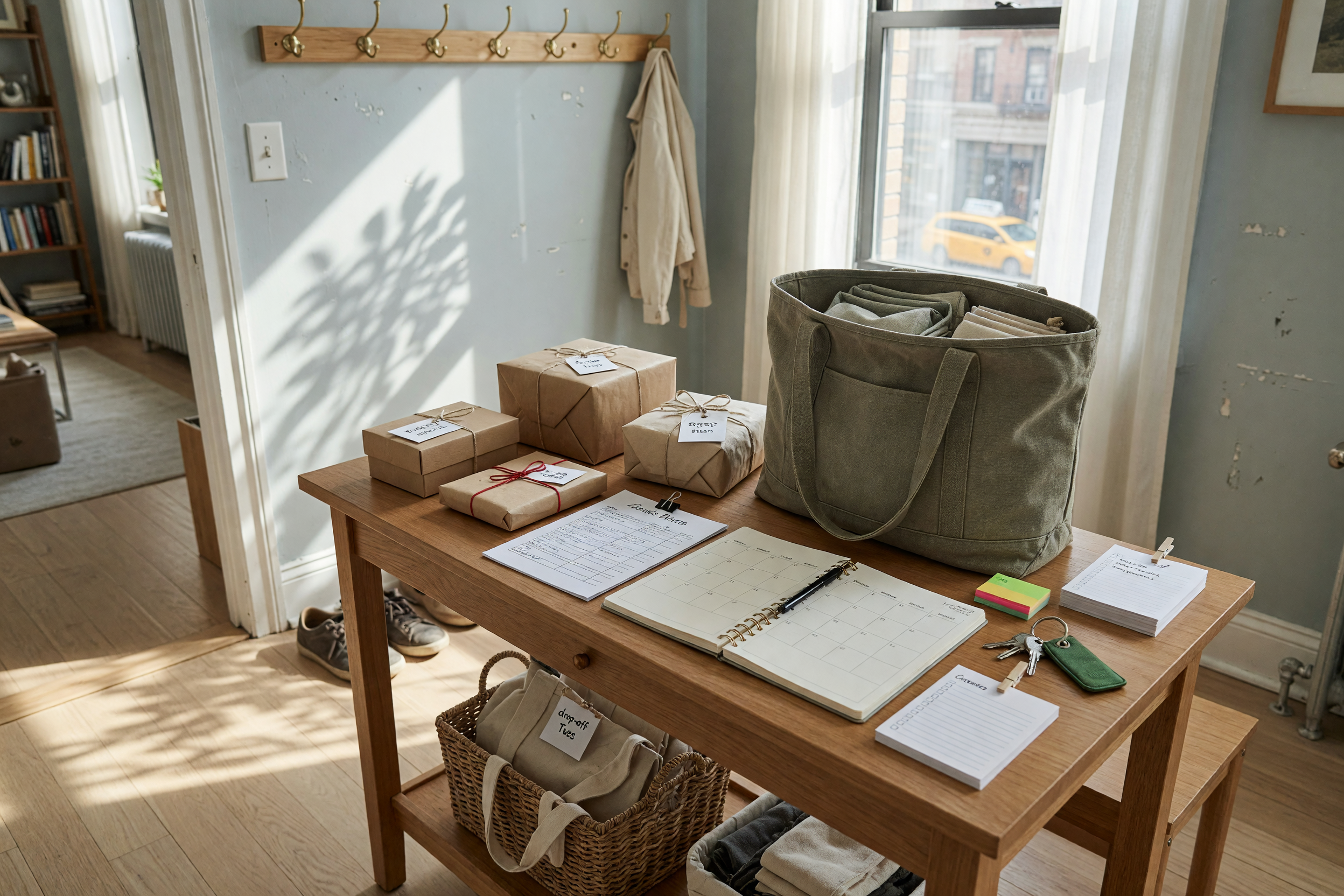Personal assistant preparing errand supplies, keys and packages for a New York service listing