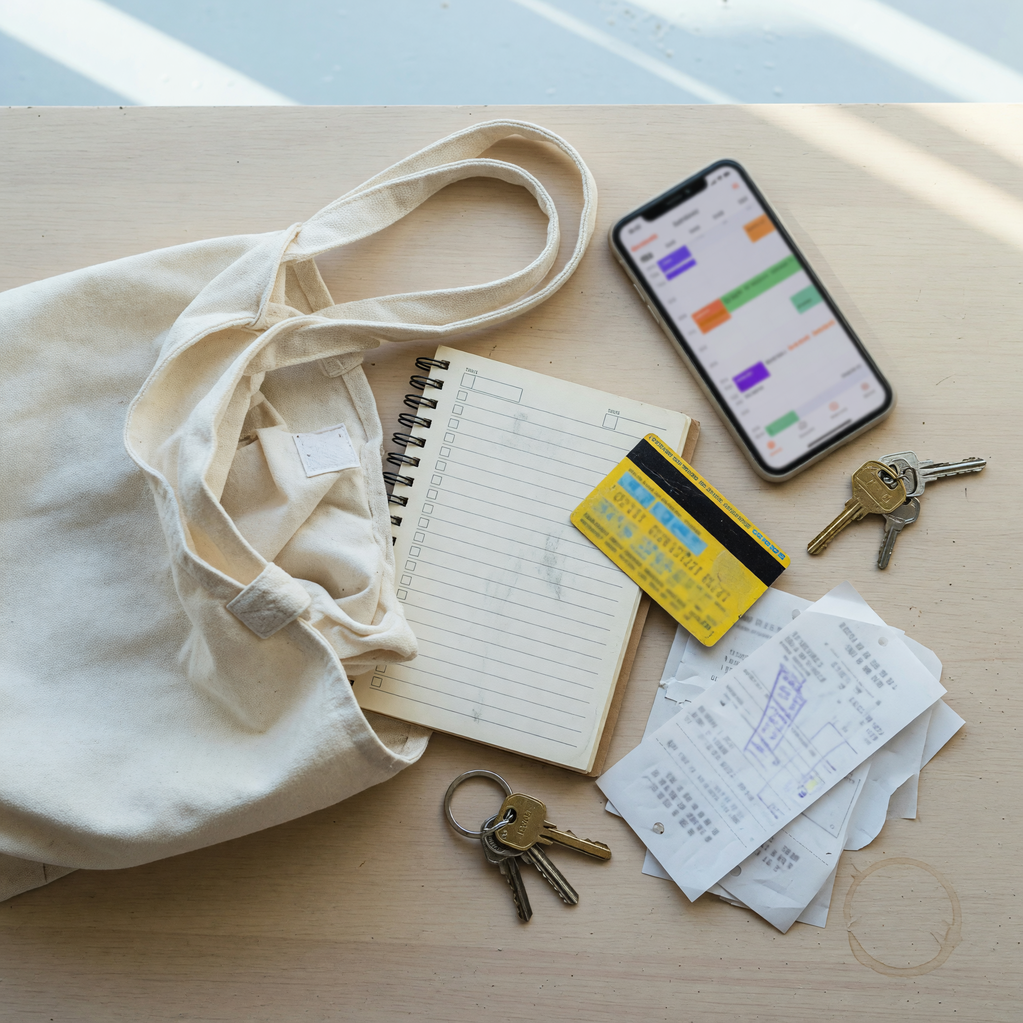 Errand service planning with a reusable bag, blank checklist notebook, keys and phone calendar for a personal assistant listing