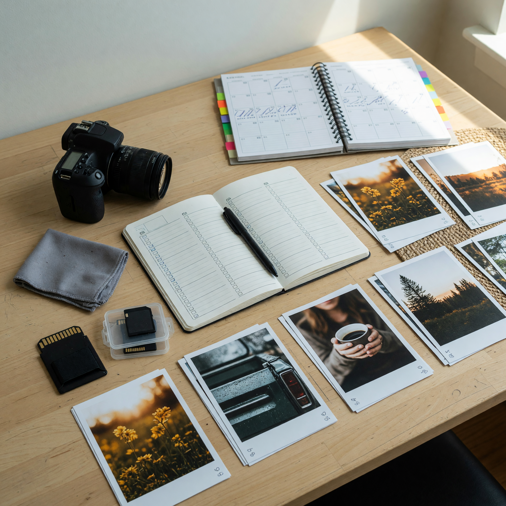 Camera gear and a photography service package checklist arranged for writing a listing