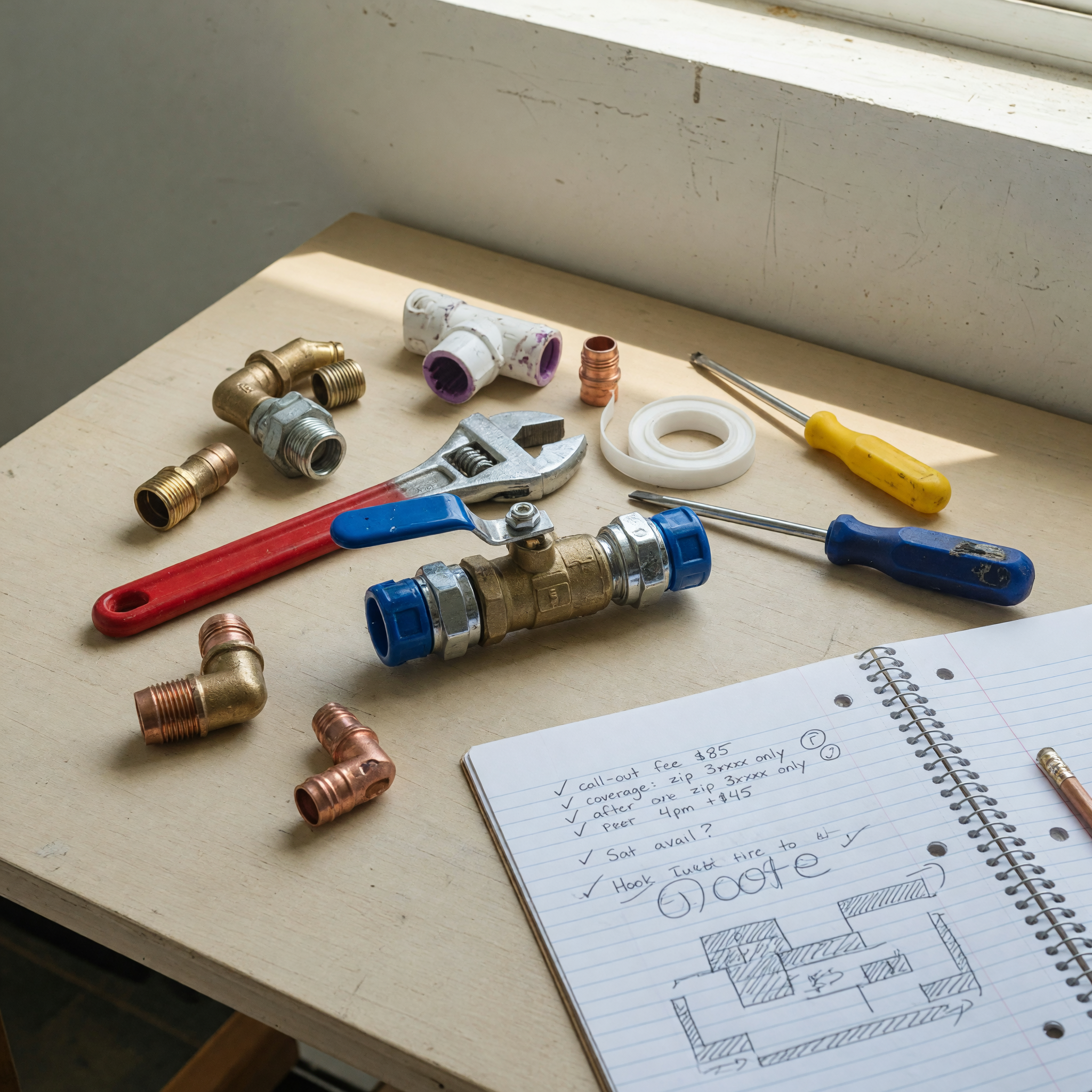 Plumbing tools, pipe fittings, and a notebook for call-out fee and coverage area details