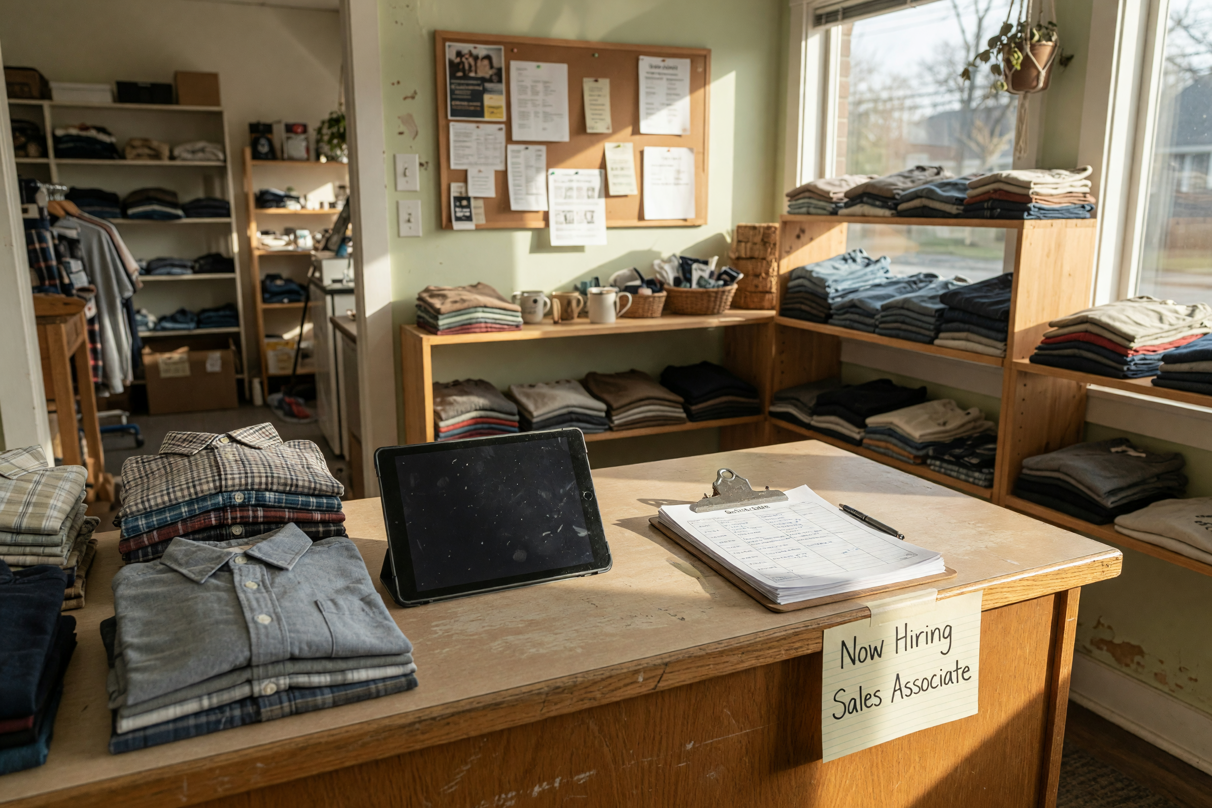 Retail shop counter prepared for a local sales associate job listing with products and a blank schedule clipboard