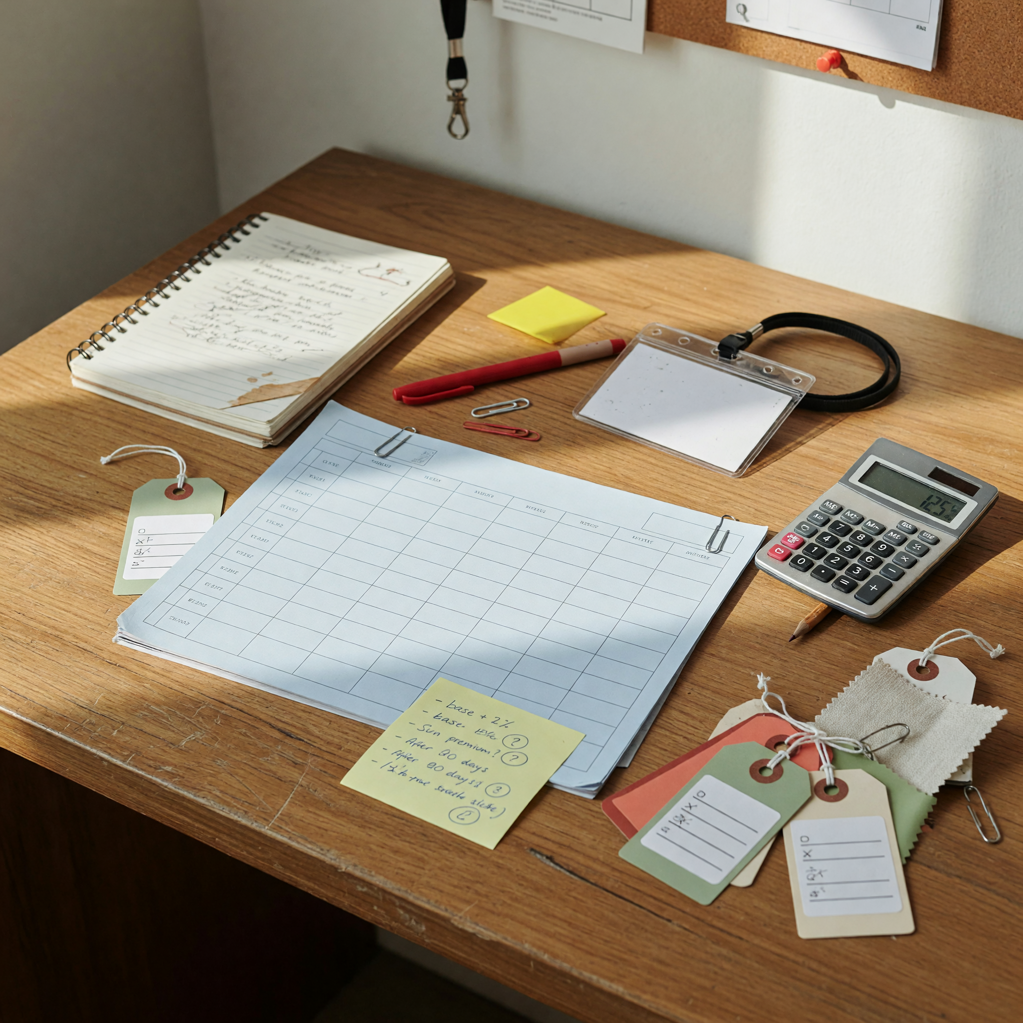 Retail manager preparing a sales job listing with schedule, pay notes, and store task checklist