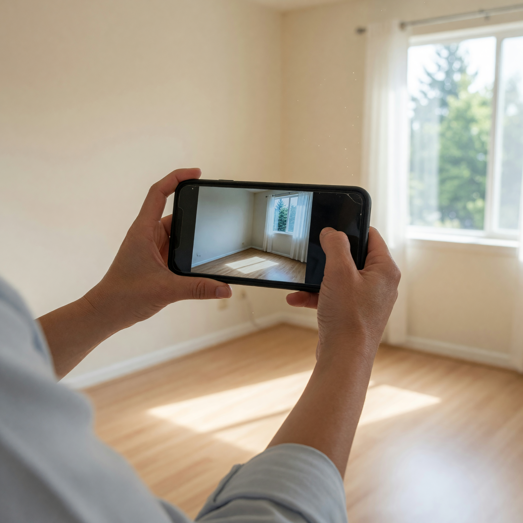 A person photographing a clean, empty rental bedroom in landscape orientation with a smartphone in bright natural window light