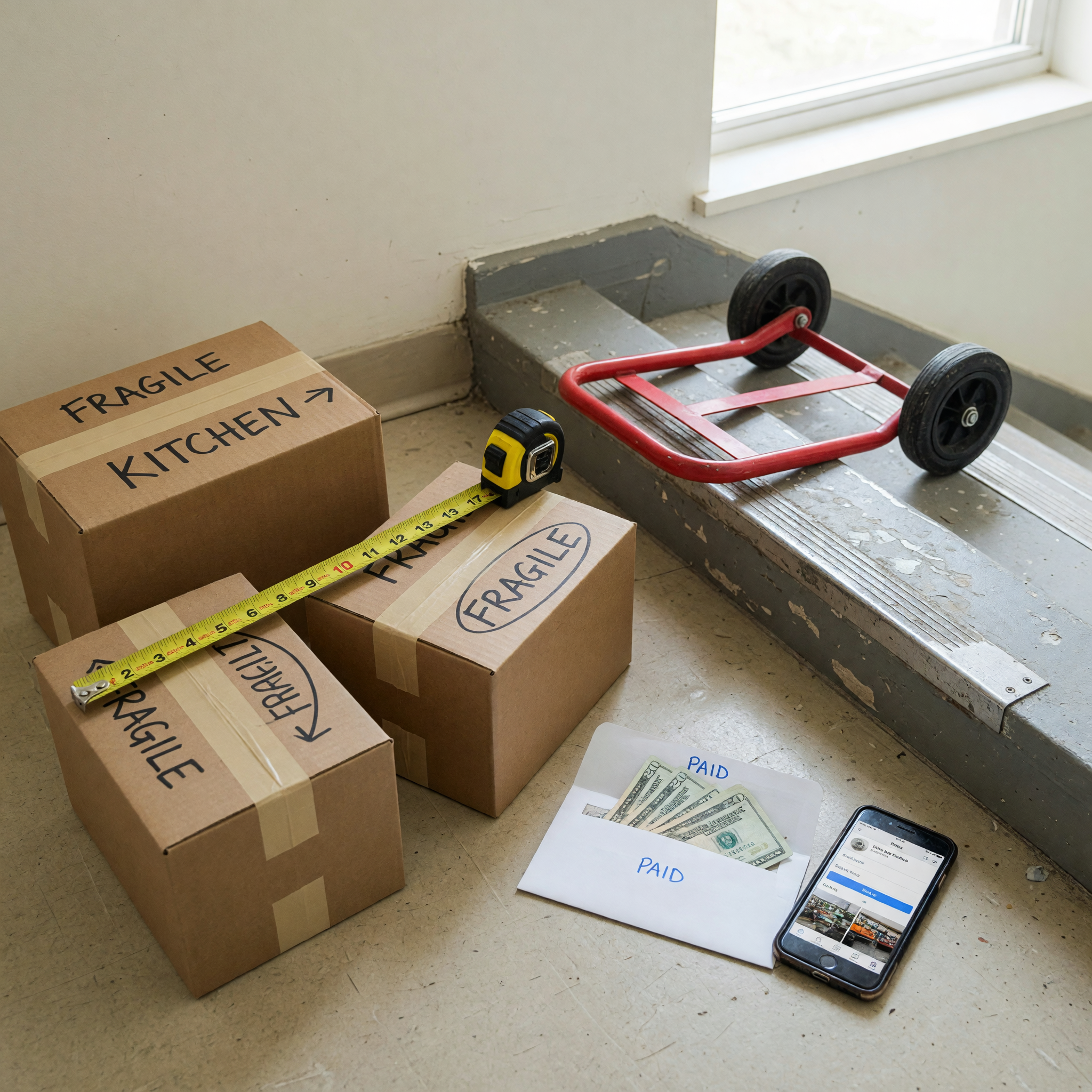 Same-day moving gig setup with taped boxes, measuring tape, dolly wheels, stairwell edge, and a phone posting workflow