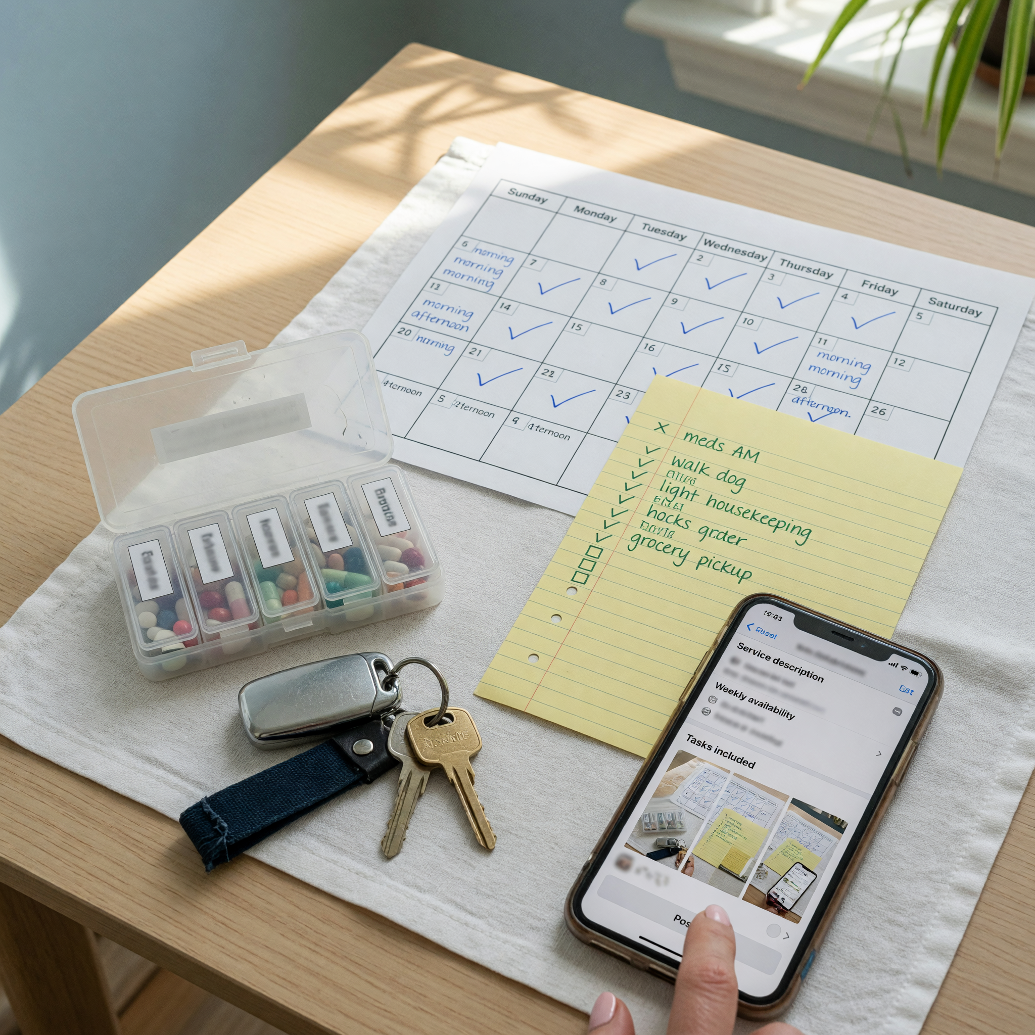 Senior care service listing setup with a weekly calendar, task checklist, keys, pill reminder, and phone