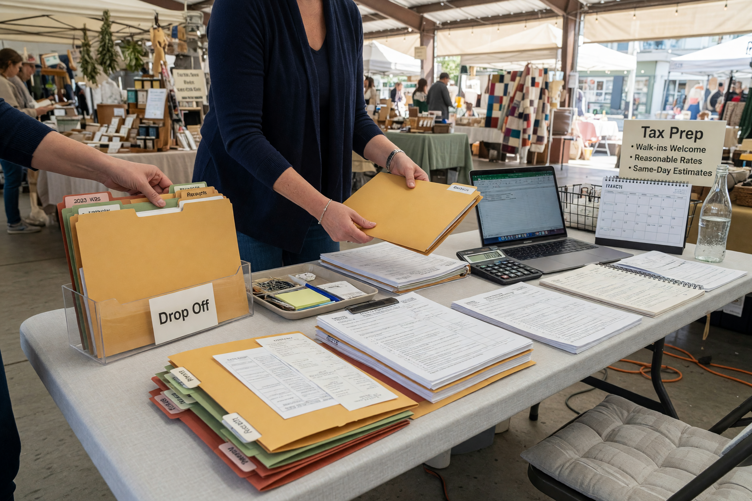 Tax preparation workspace with organized document folders, laptop, calculator, and calendar