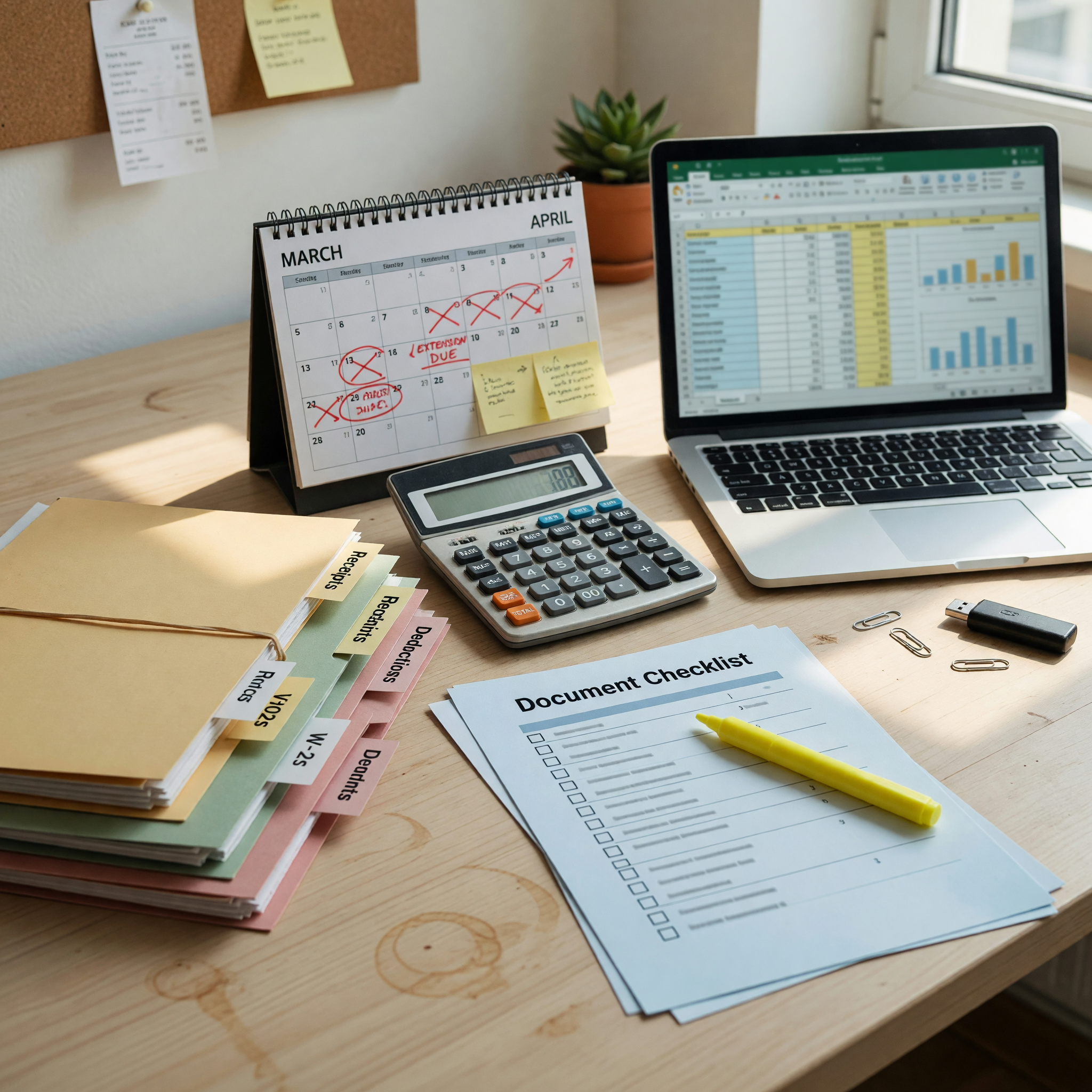 Tax preparation workspace with organized folders, calculator, laptop, and document checklist