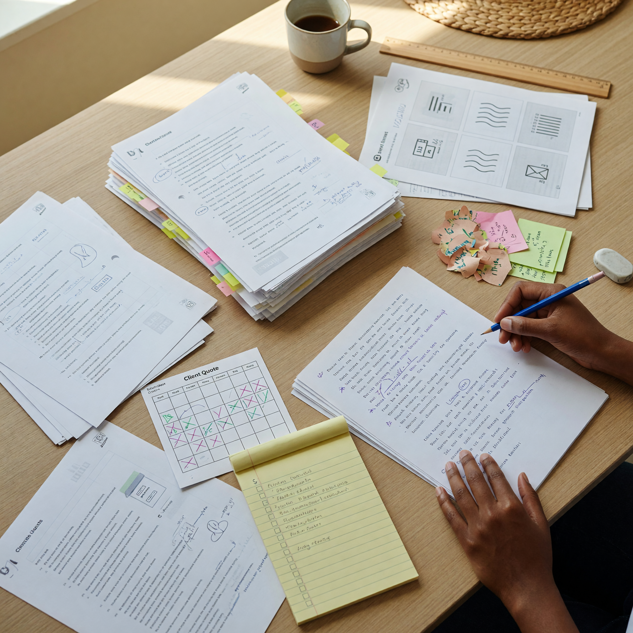 Translator desk with laptop, printed documents, language notes, rate checklist, and file format examples