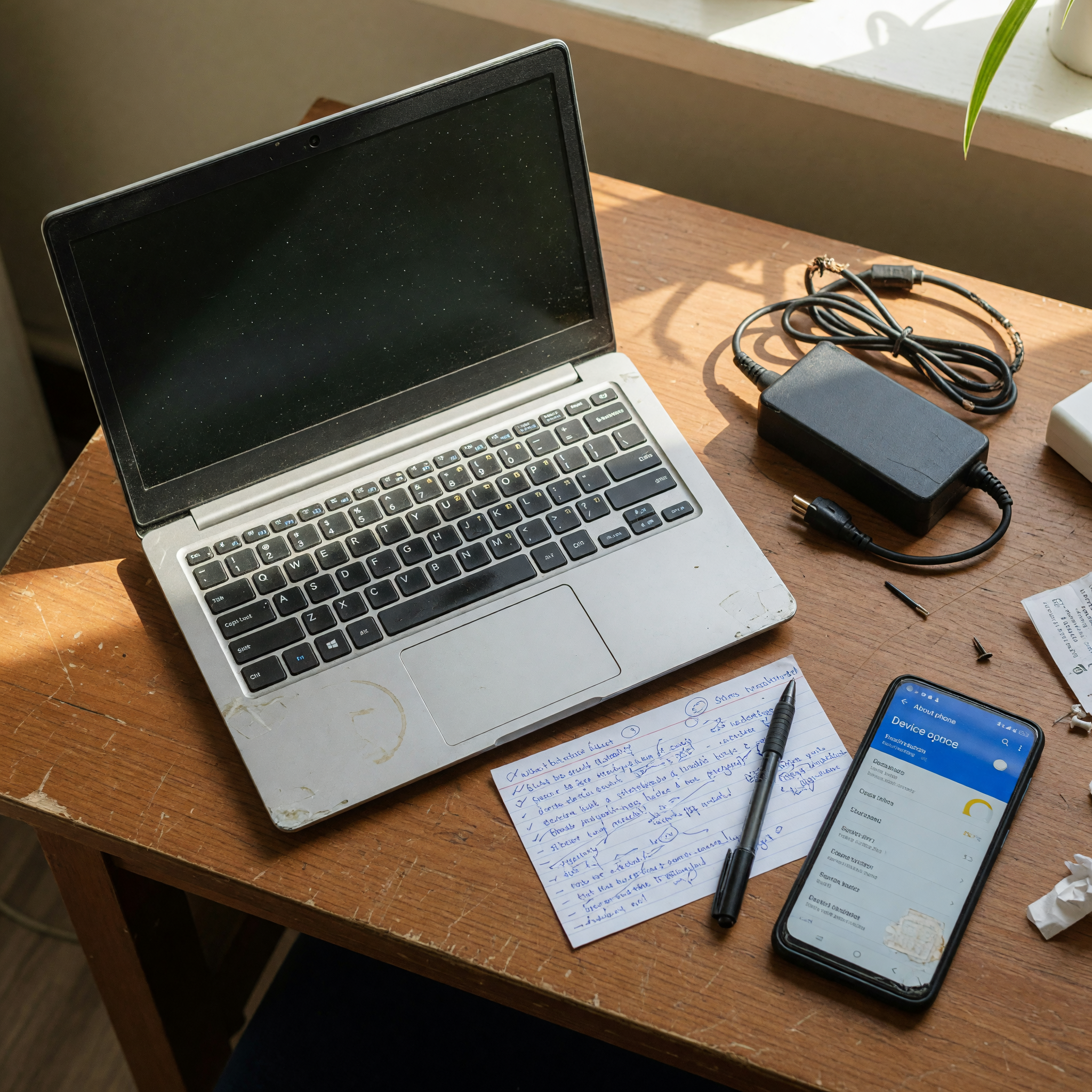A used laptop open on a wooden desk beside a charger, a handwritten note card, and a phone showing a device specifications screen, as a seller documents condition before setting a price