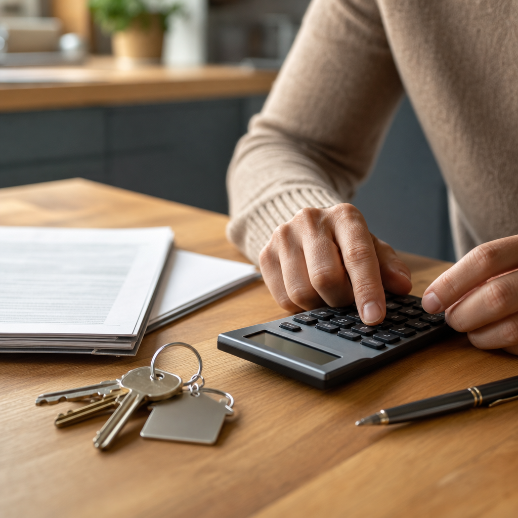 Hands using a calculator next to apartment keys and a lease on a wooden table
