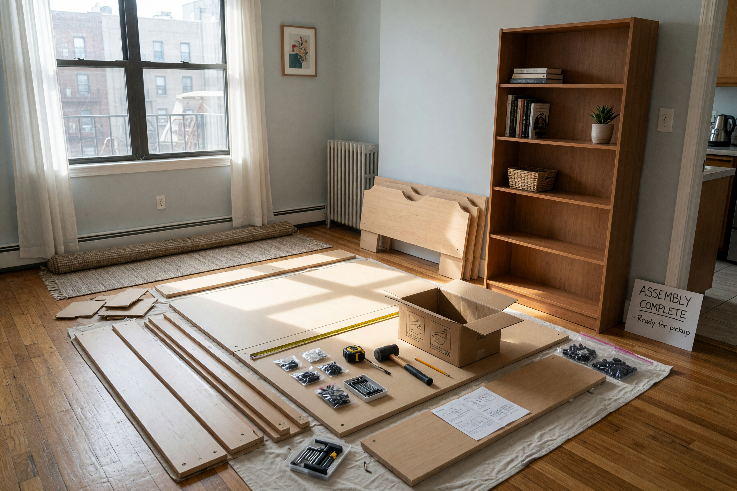 Herramientas y piezas de mueble listas para publicar un servicio local de armado