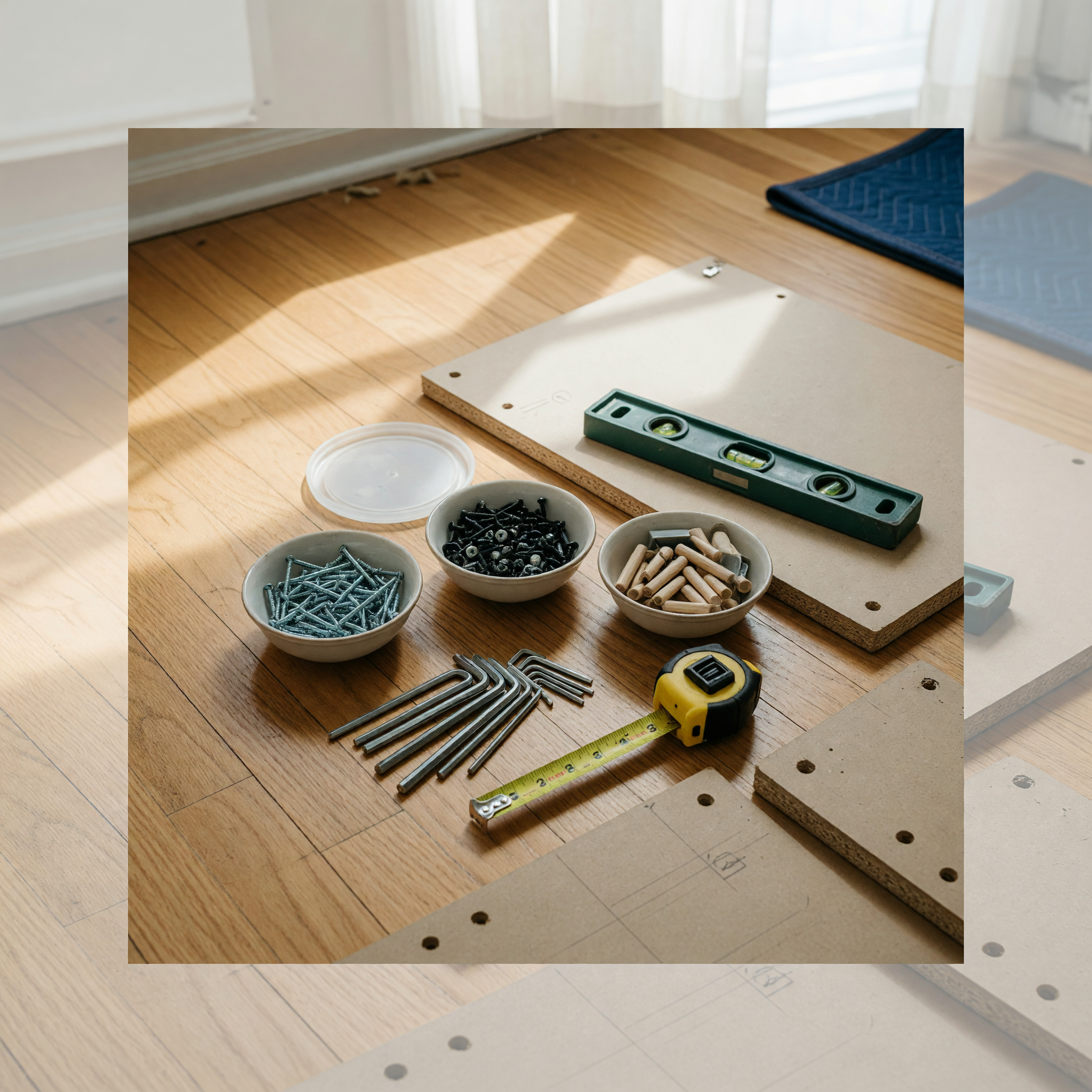 Herramientas y piezas de mueble listas para armar junto a una lista de trabajo sin texto legible