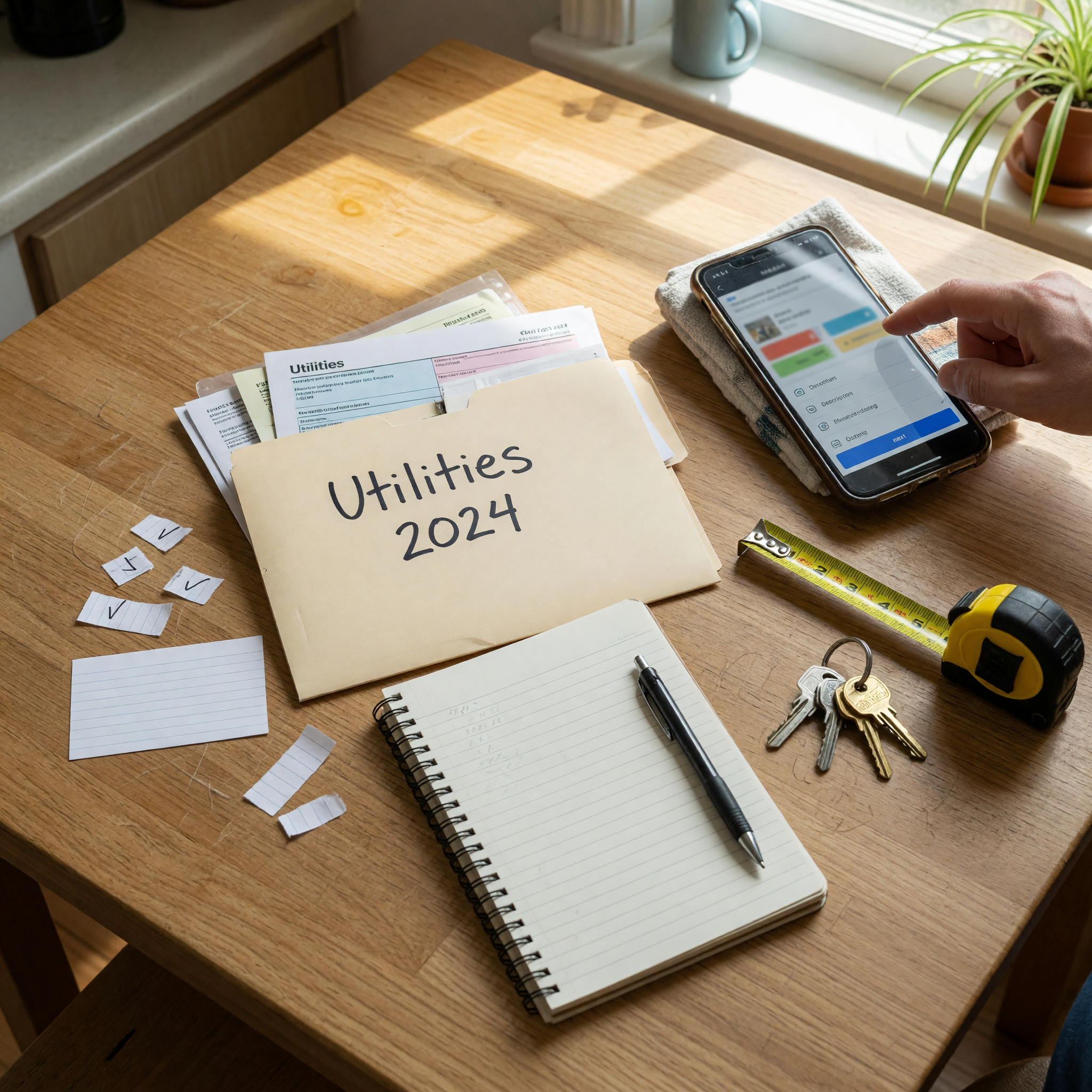 Preparación de anuncio de habitación en alquiler con llaves, cinta métrica y notas de servicios