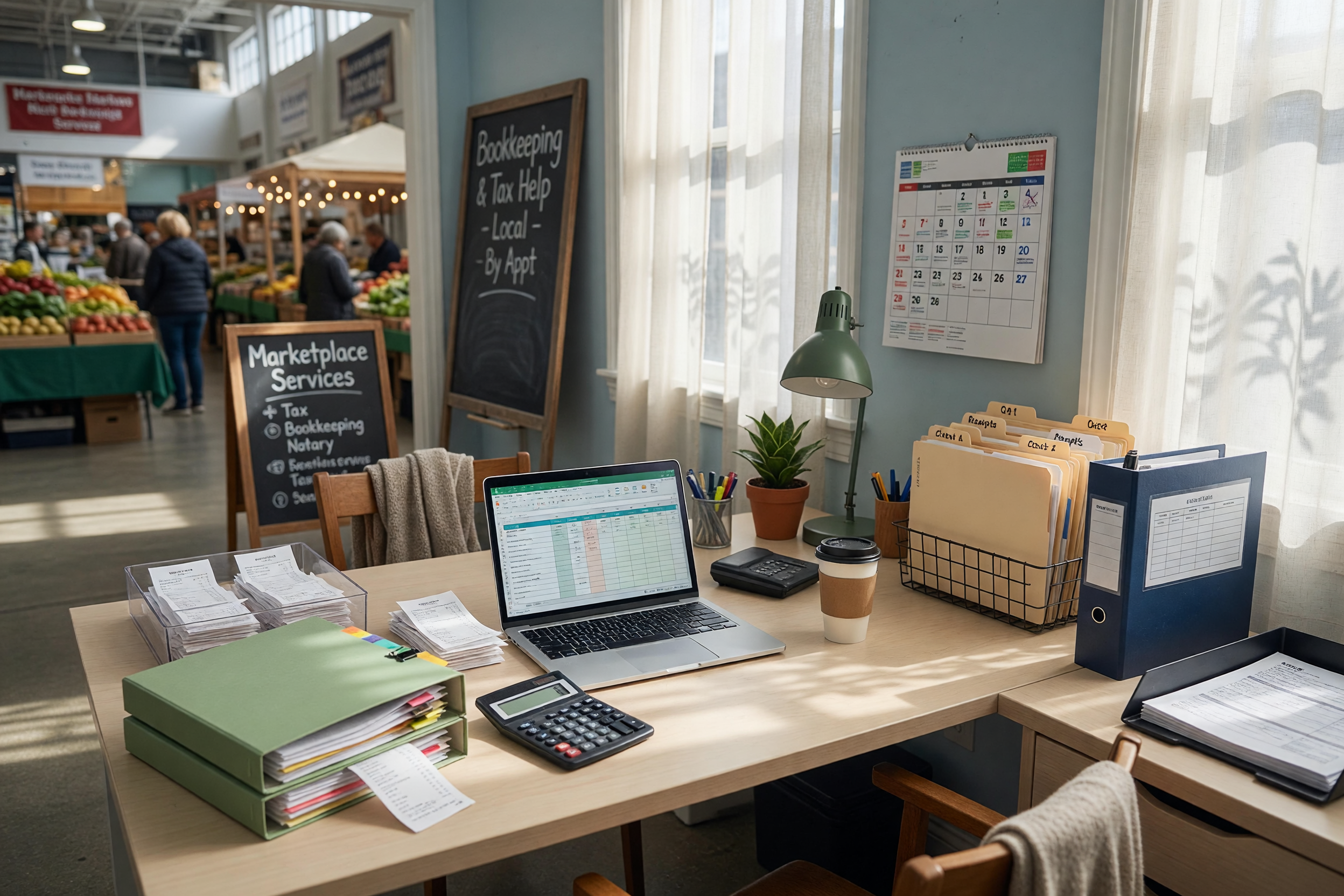 Organized tax preparation and bookkeeping workspace for a local service listing