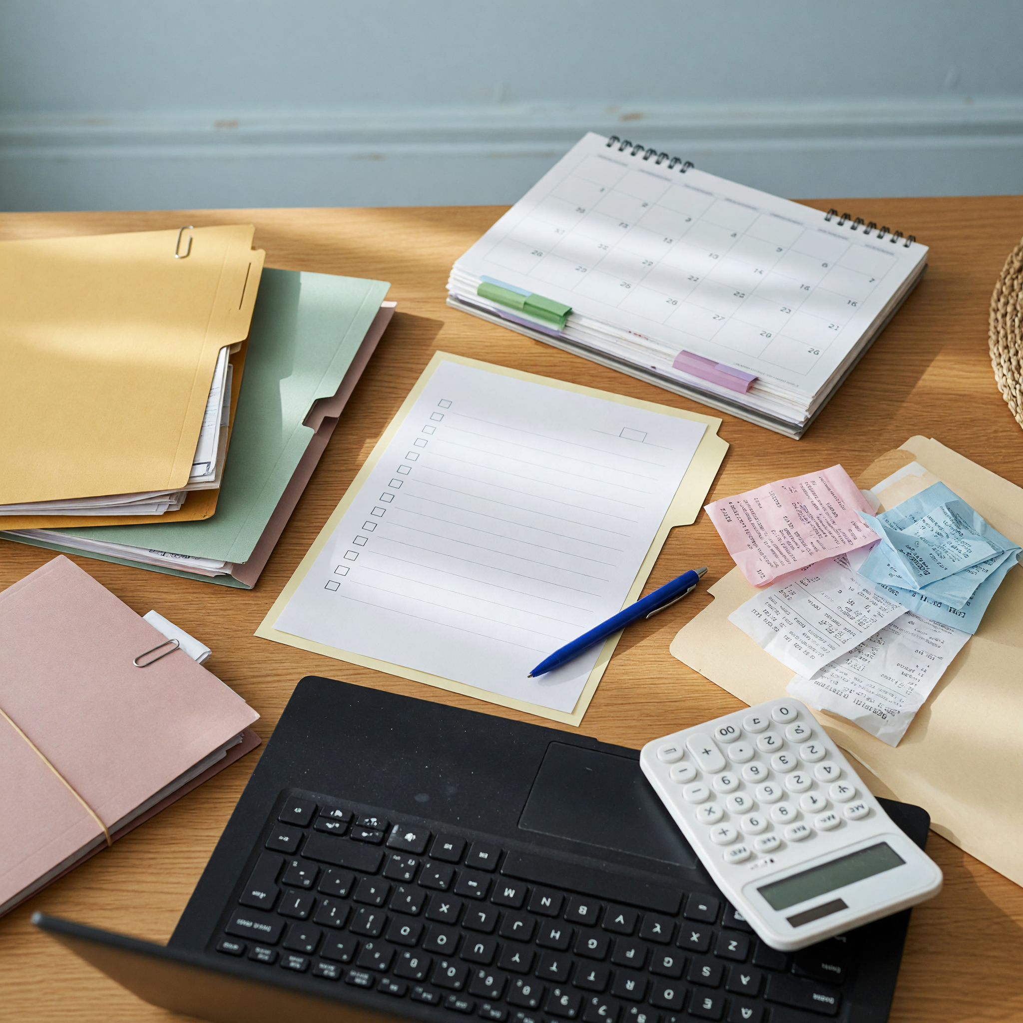 Preparador organizando documentos fiscales, recibos, calendario y laptop para publicar un servicio local