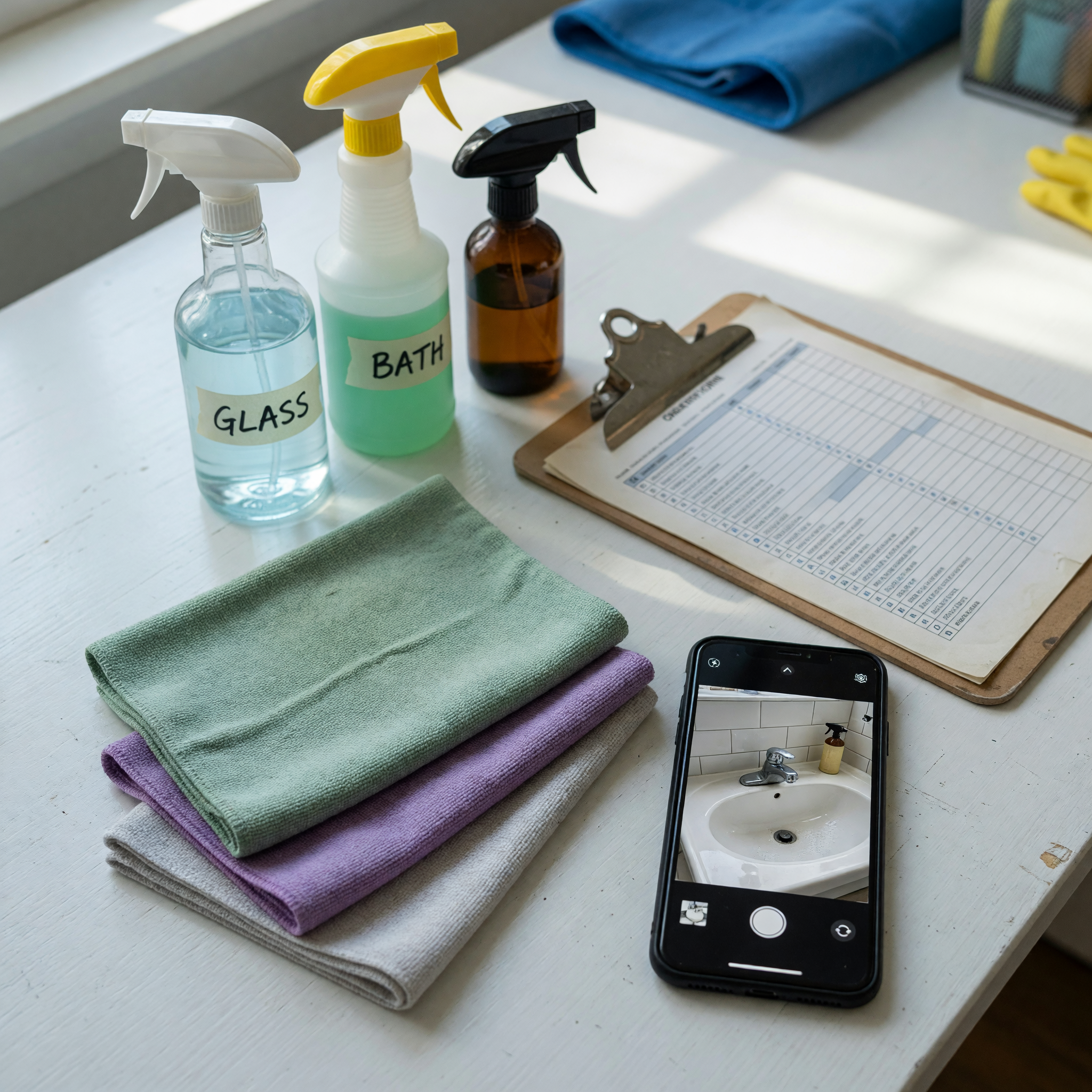 Checklist y materiales preparados para fotografiar un servicio de limpieza