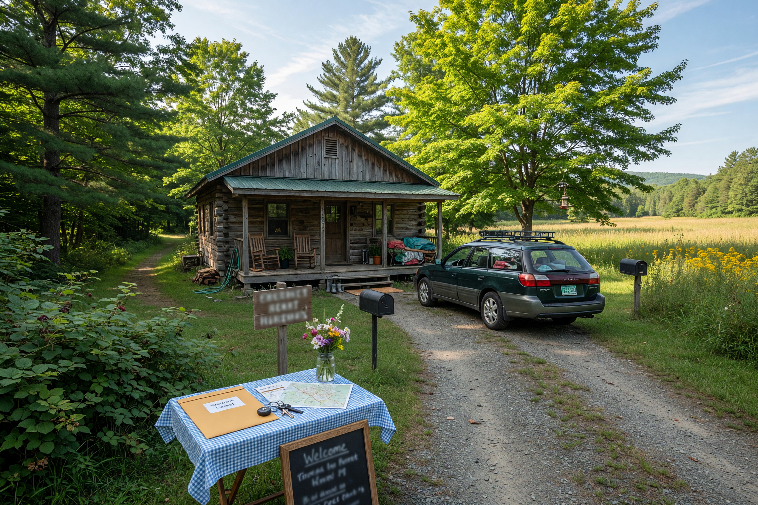 Country cabin rental exterior in a rural setting