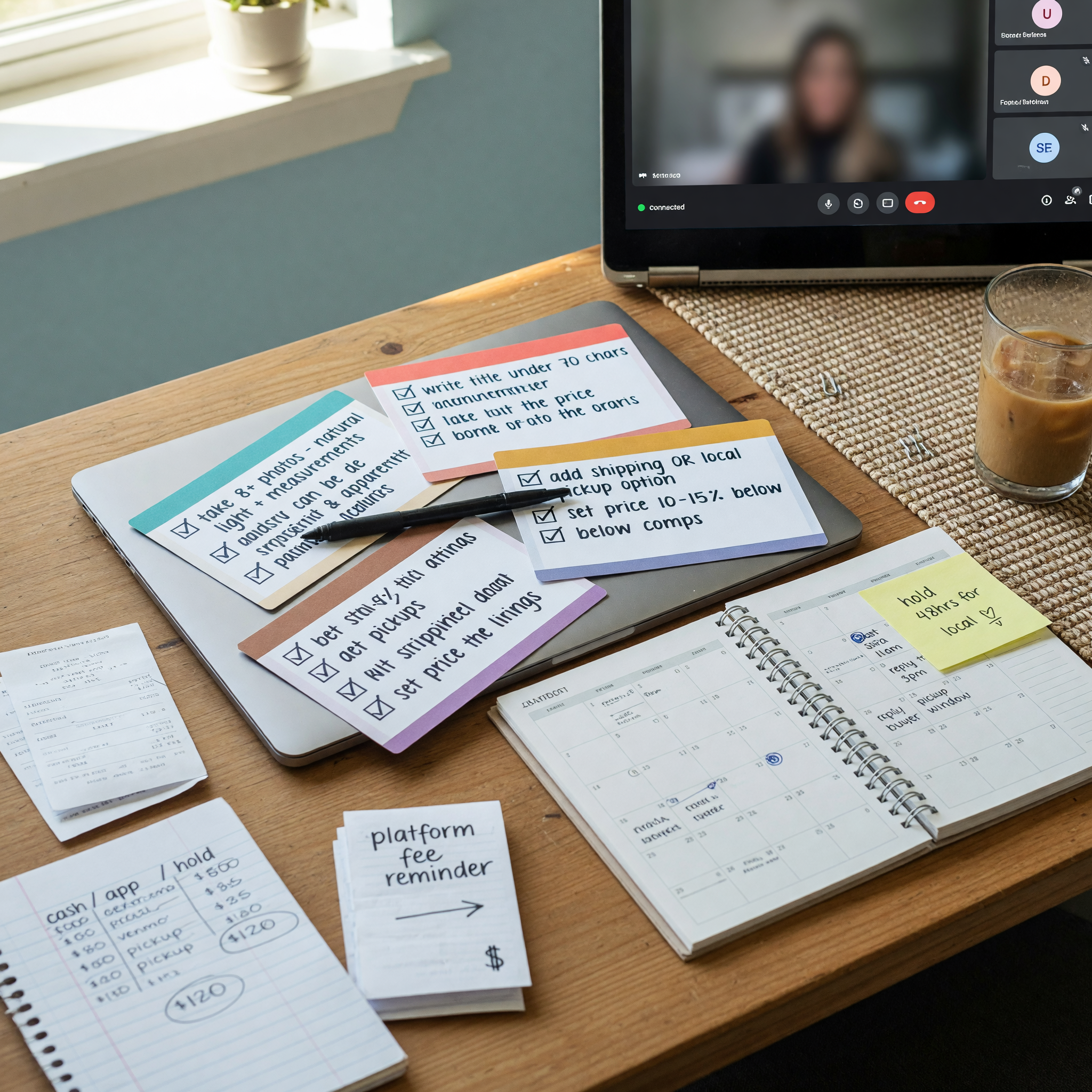 Remote work posting checklist with task cards, laptop, and project notes