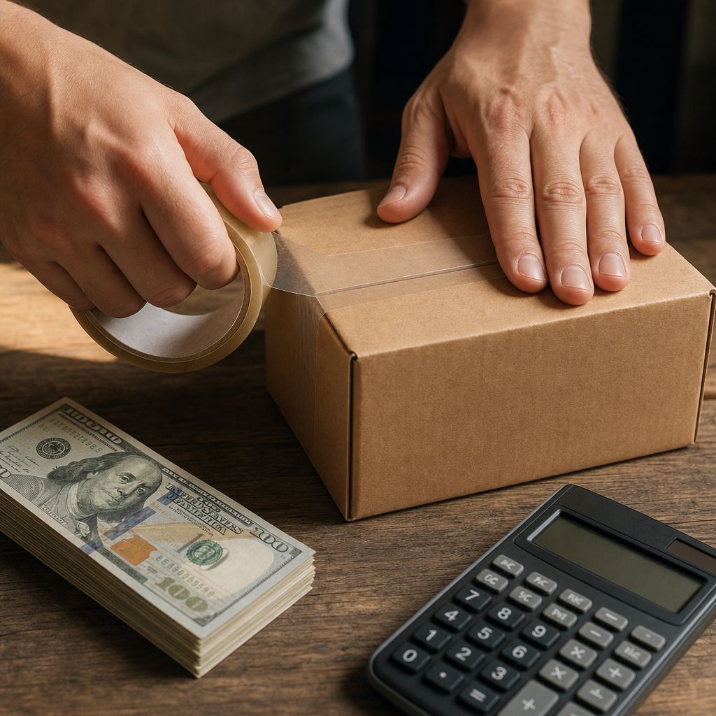 Hands taping a small kraft shipping box beside a stack of dollar bills and a calculator on a wooden table