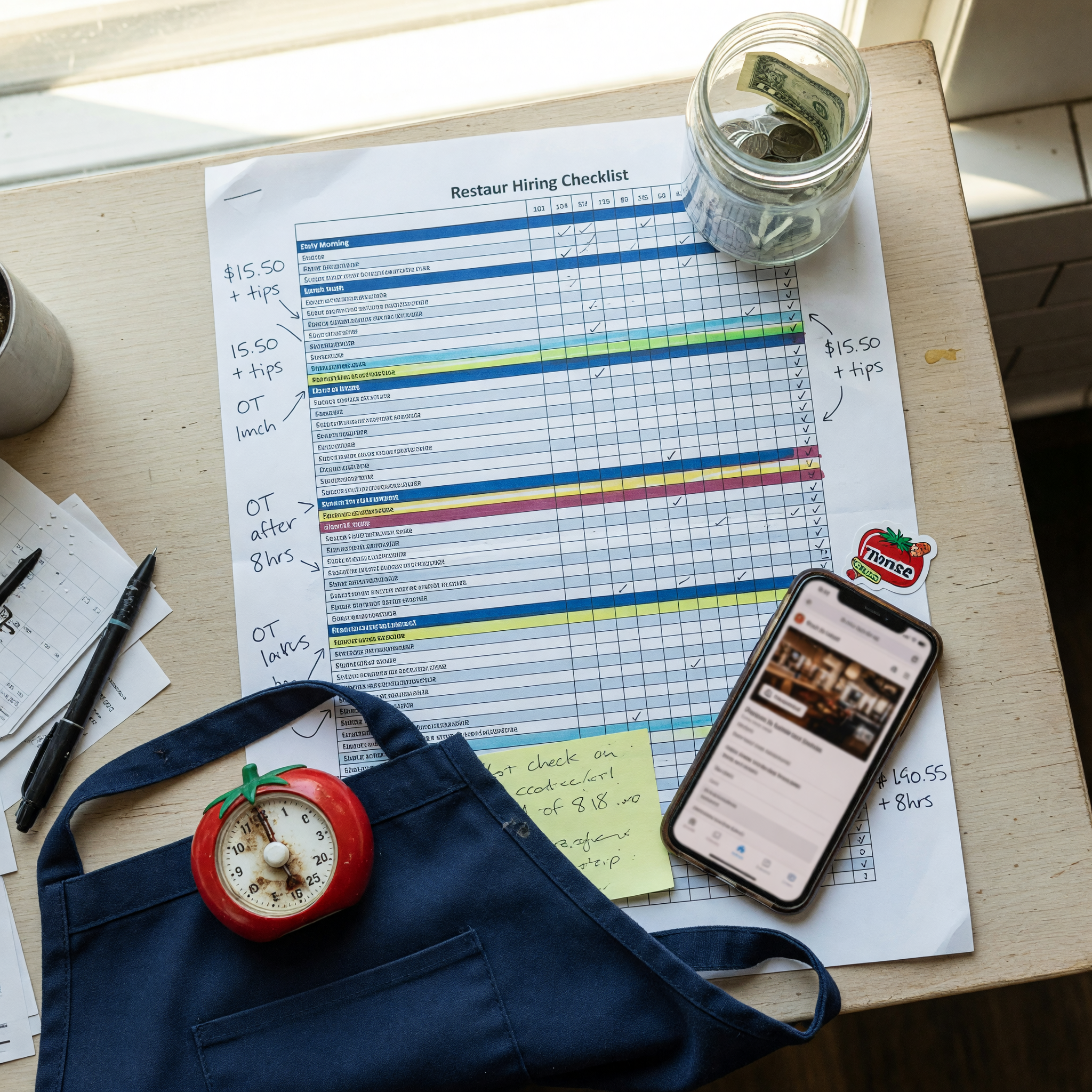 Restaurant hiring checklist with shift blocks, pay notes, apron, timer, and phone job posting workflow