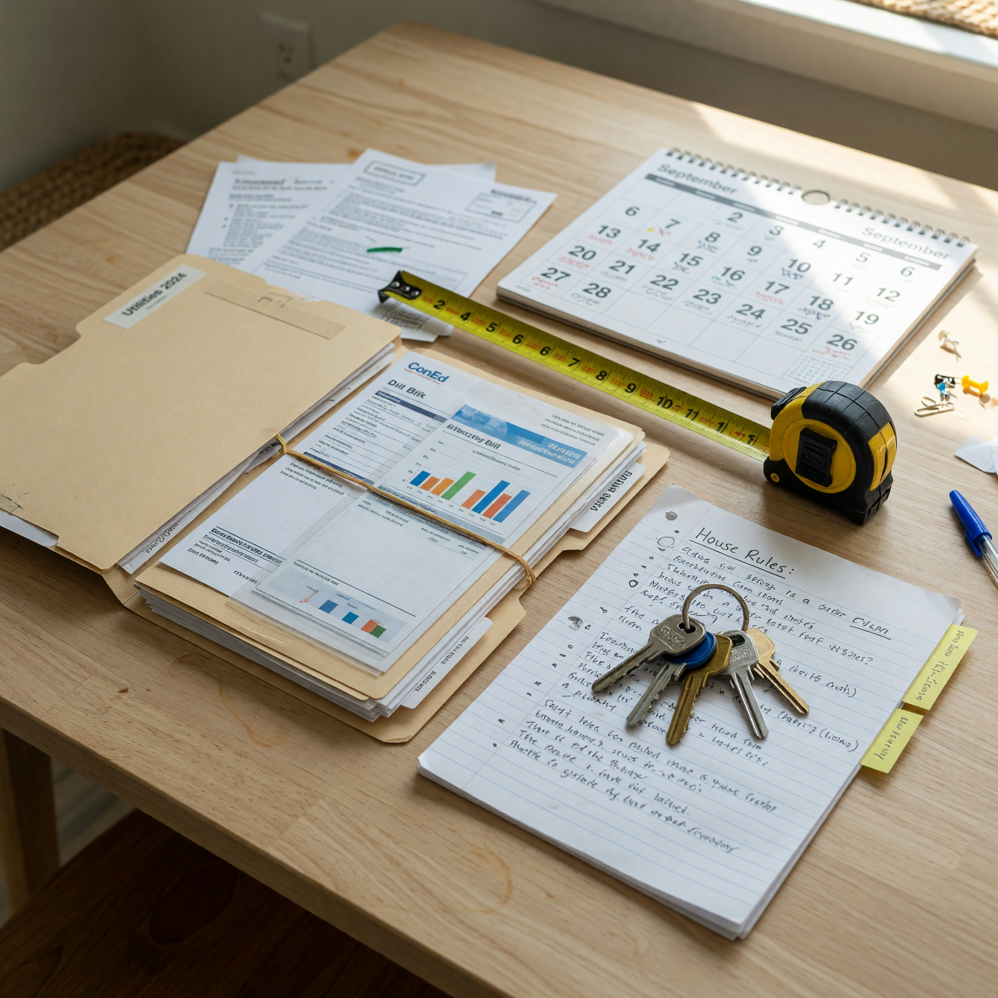Roommate listing preparation with keys, utility notes, measuring tape, calendar, and house rules