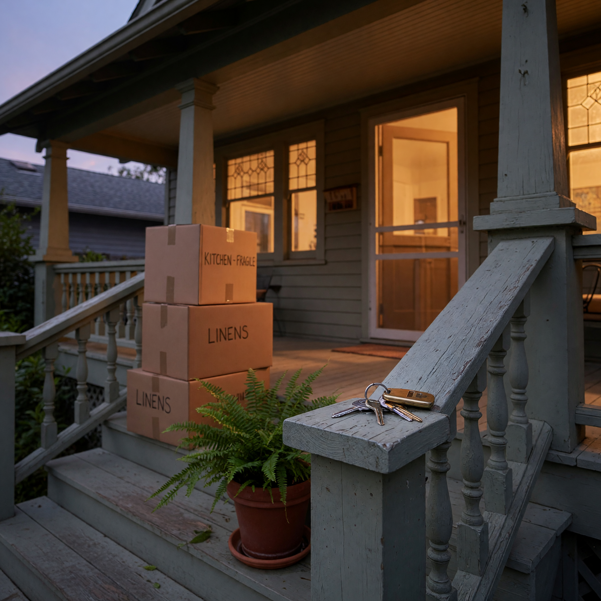 Front porch of a craftsman house at dusk with moving boxes stacked by the door and house keys resting on the railing