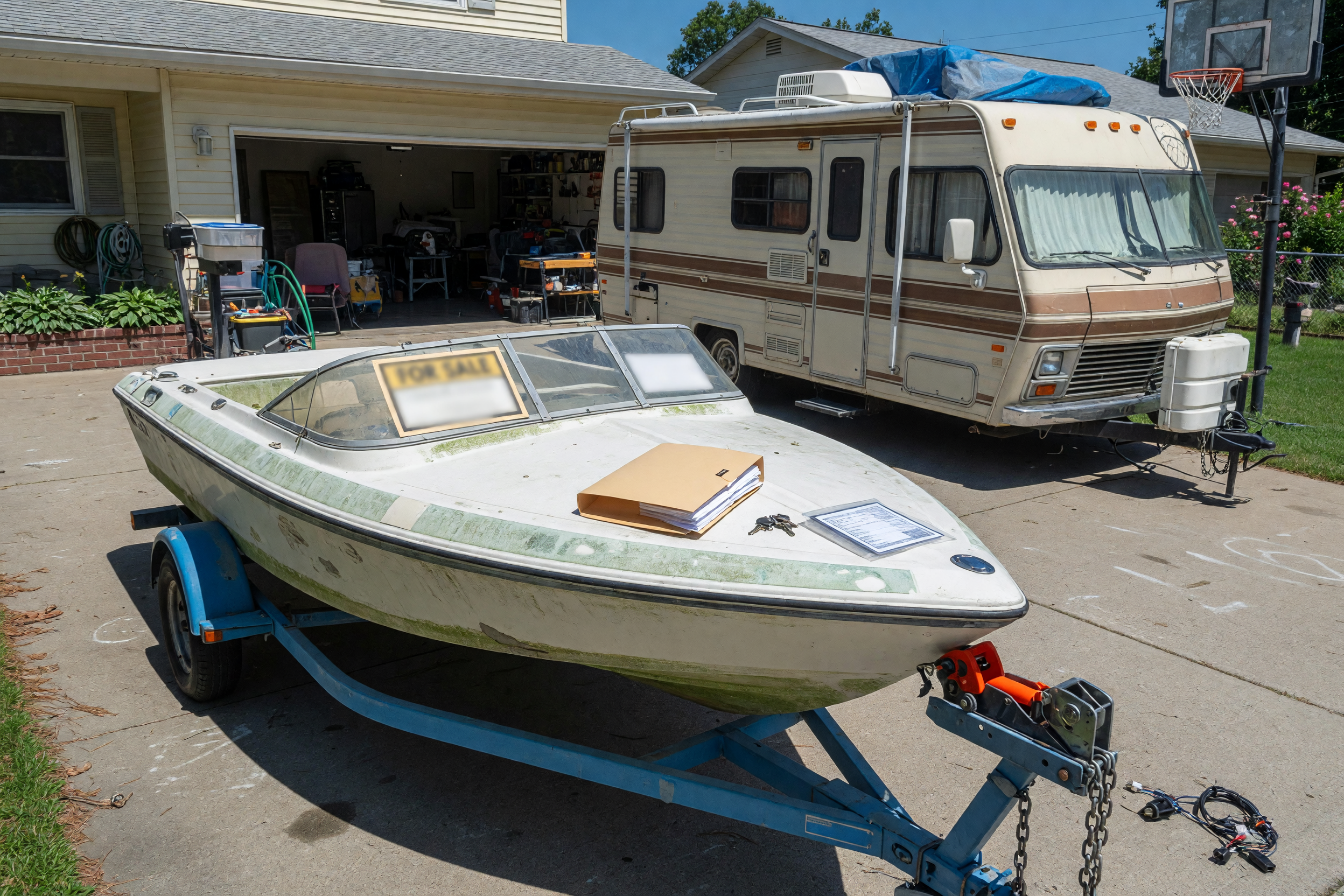 Used boat and travel trailer parked on a residential driveway with a hitch and title folder ready for a local sale