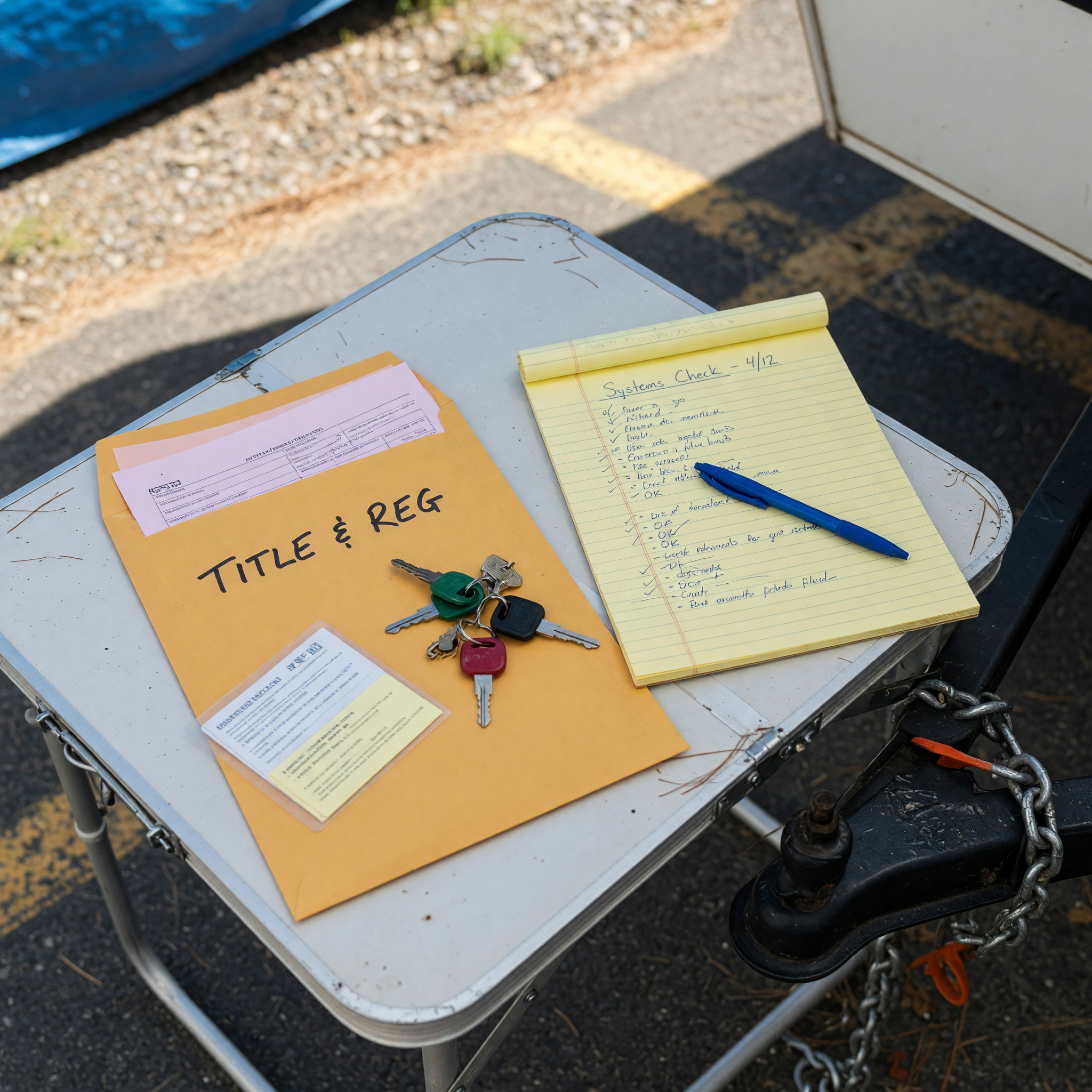 Title packet, keys, and a systems-check notepad on a folding table beside a trailer hitch