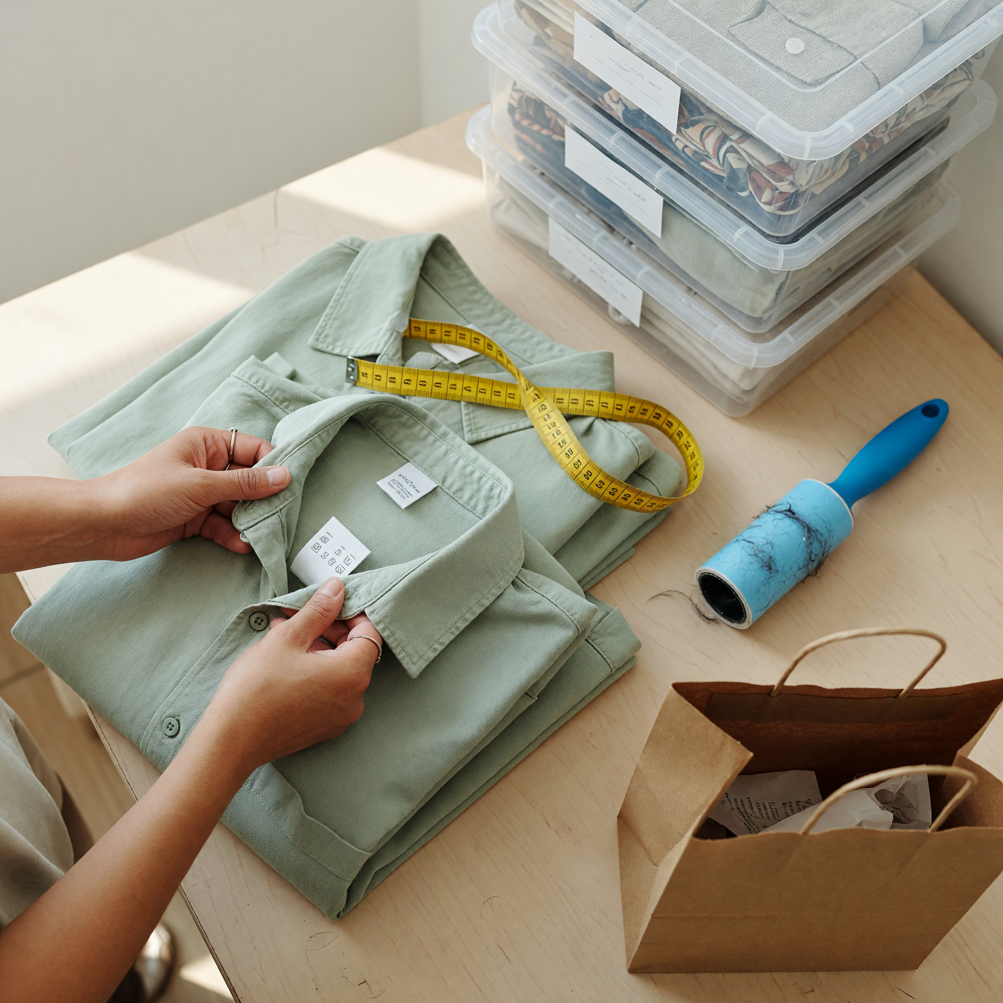 Seller checking size tags and condition on folded clothing before listing a bundle