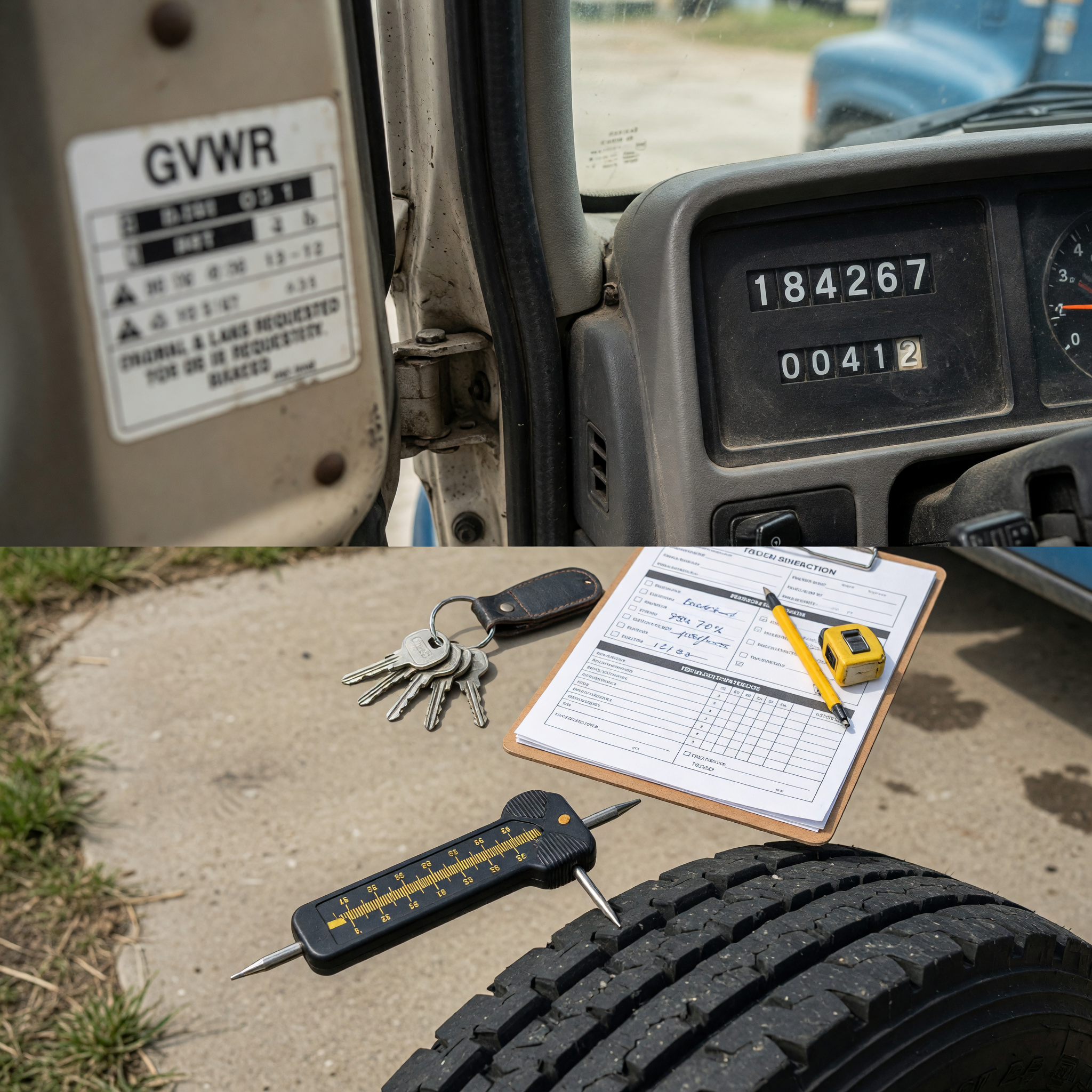 Commercial truck listing preparation with odometer, tire tread gauge, keys, and inspection notes