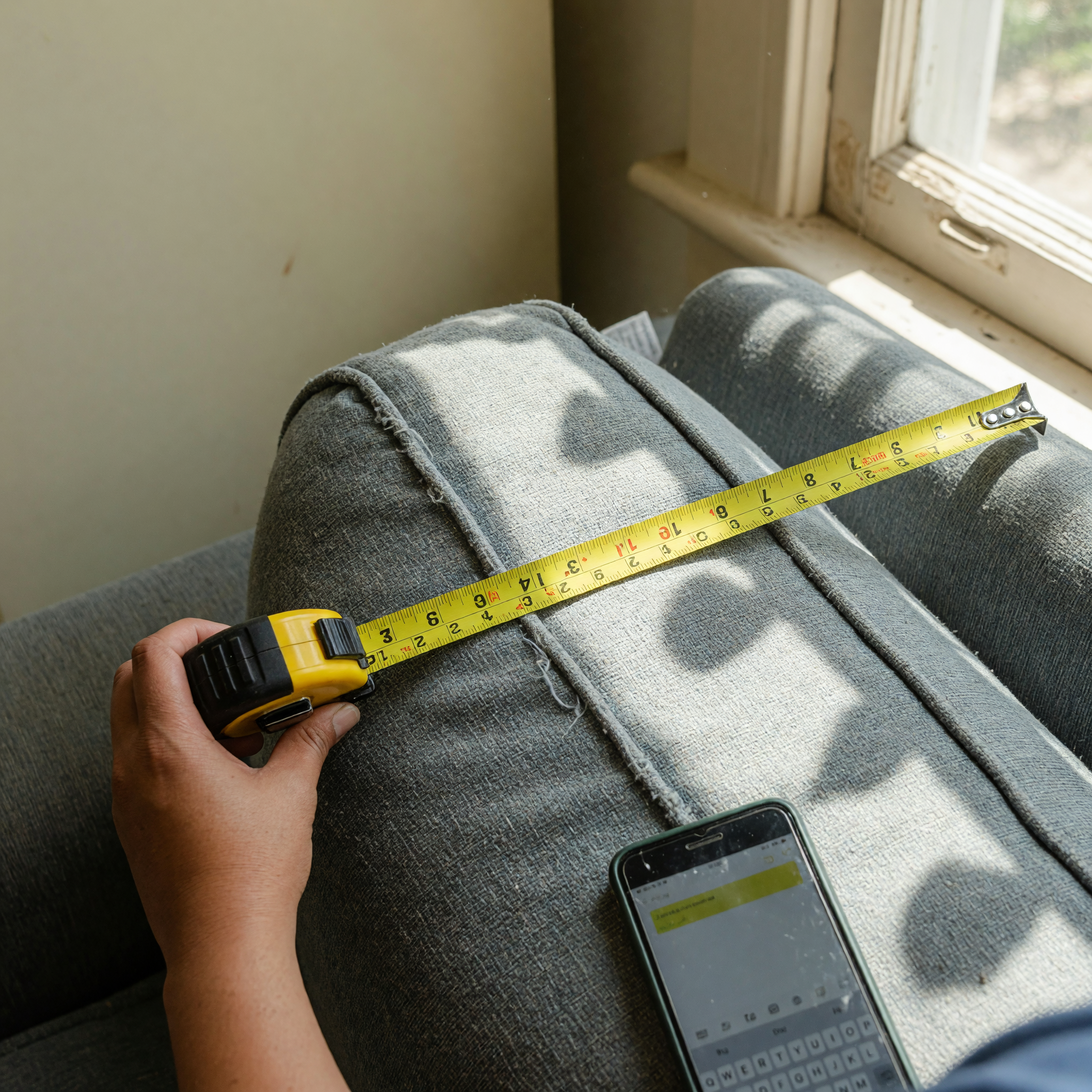 A hand holding a tape measure across the width of a used sofa cushion to record exact dimensions for a listing