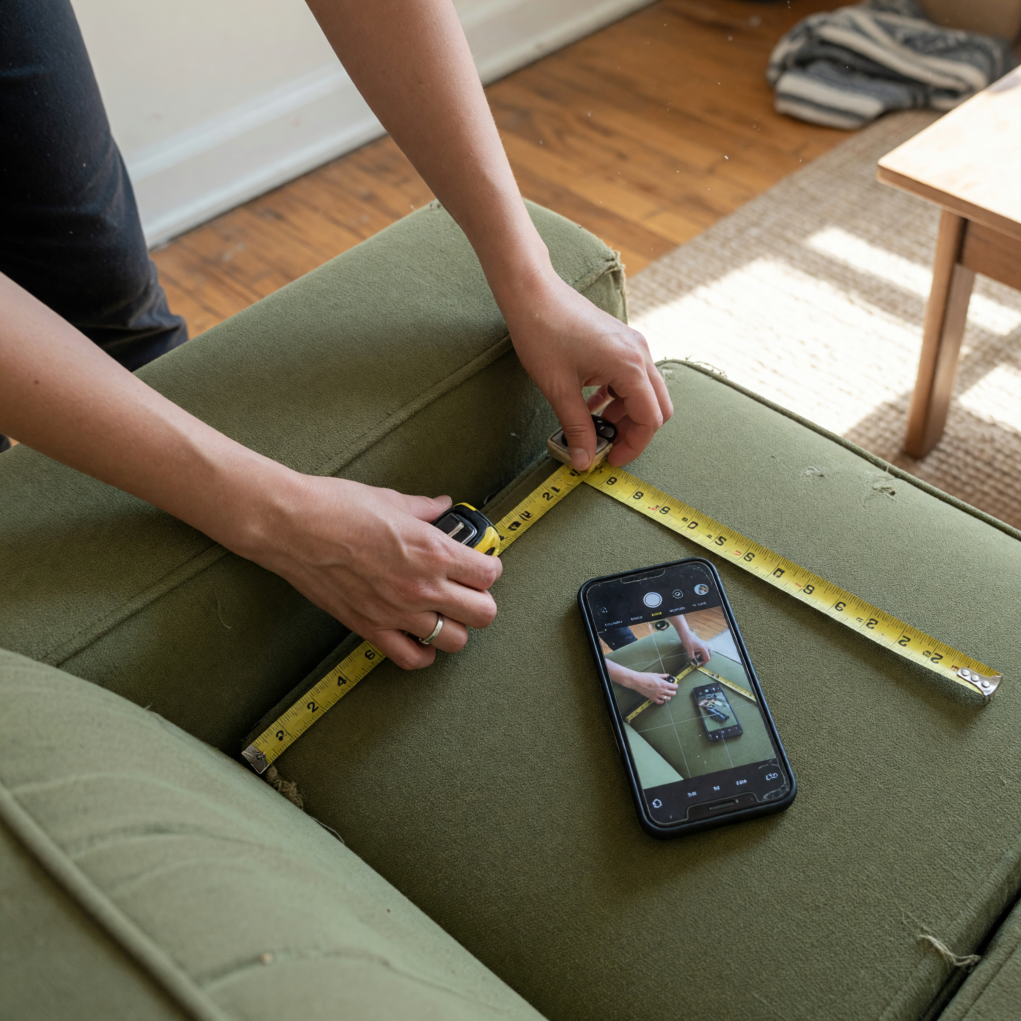 Hands stretching a measuring tape across the width of a used sofa while a smartphone beside it shows the photo being captured, in a naturally lit apartment